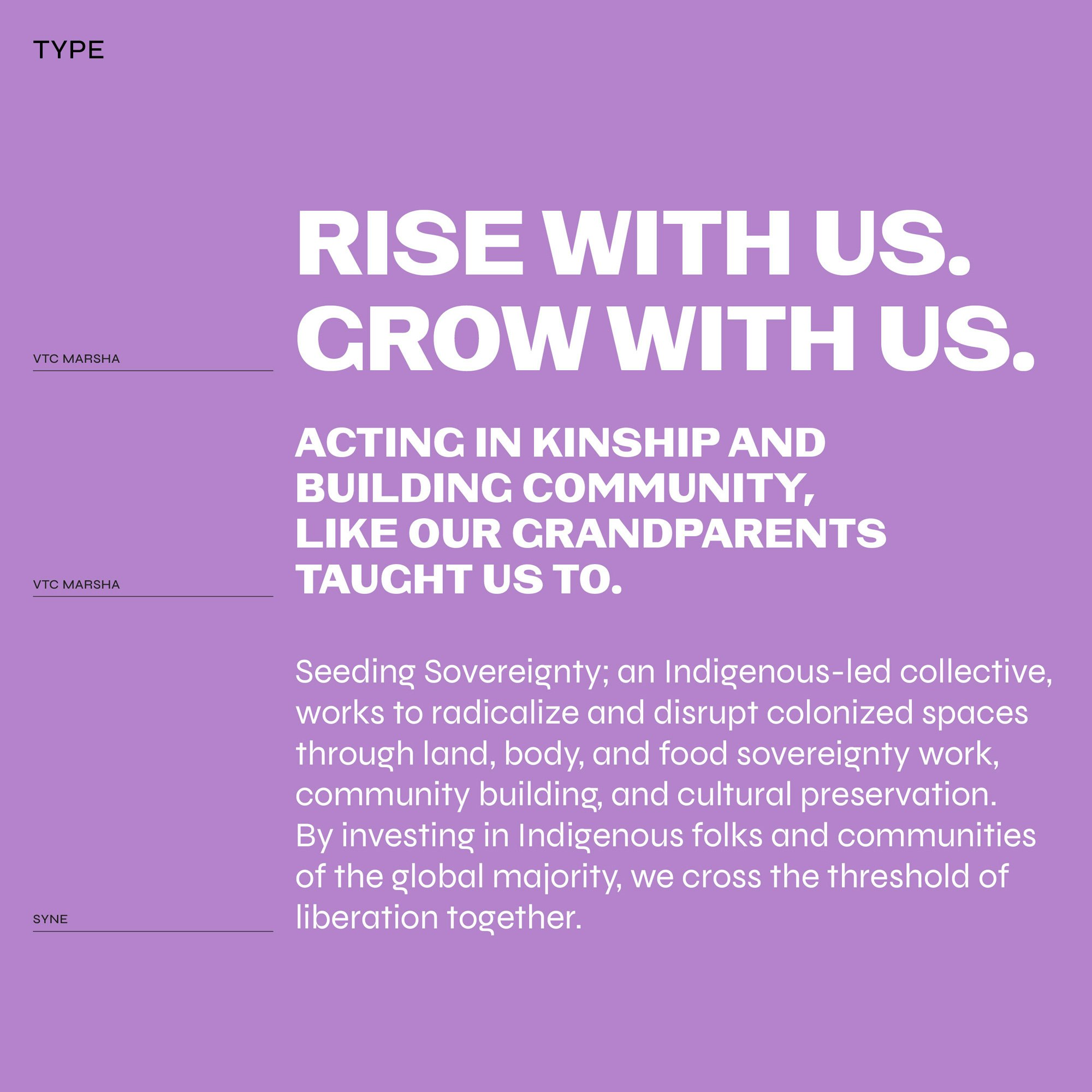 Image shows white type for Seeding Sovereignty on a lavender purple background.