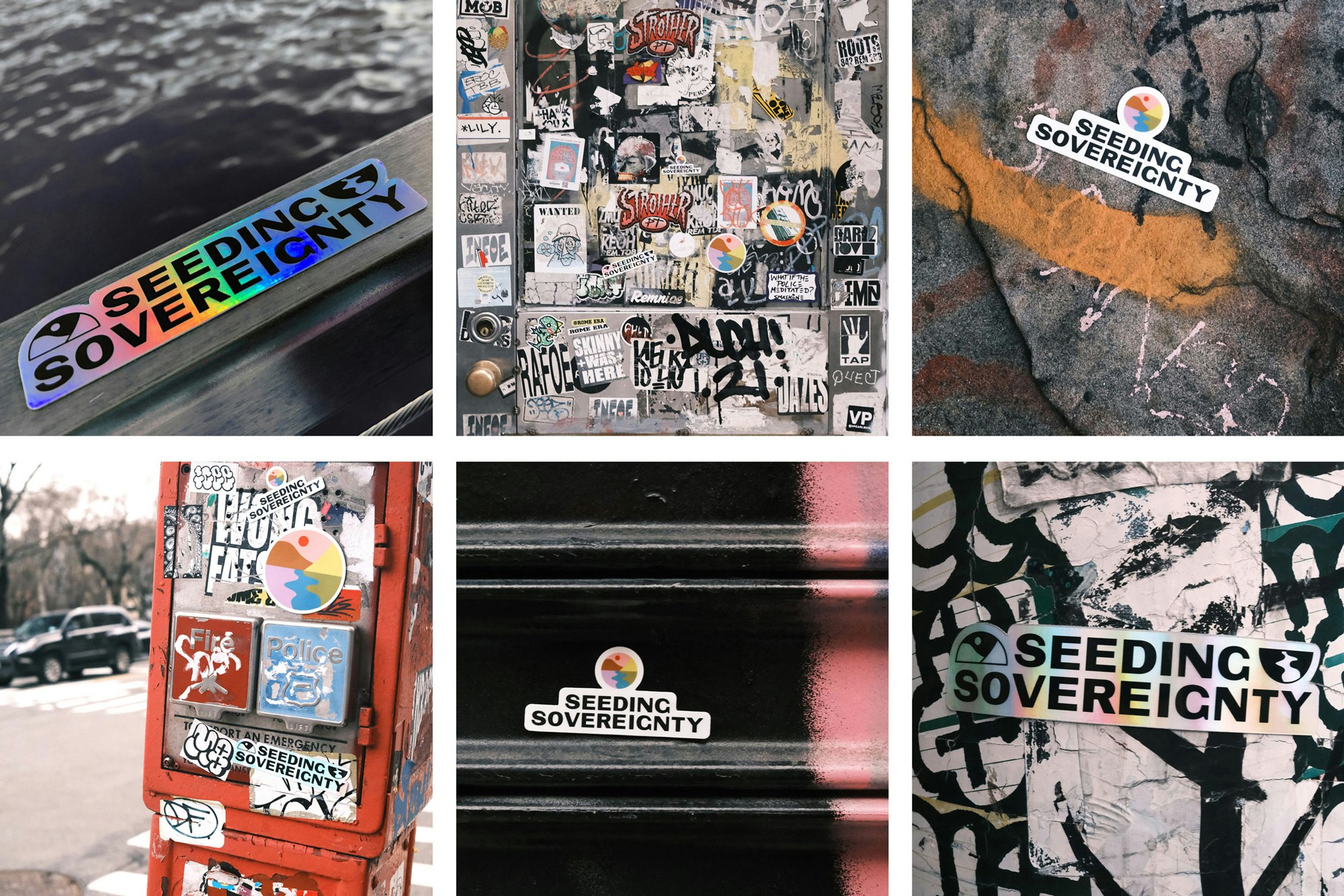 Image shows a grid of 6 images of Seeding Sovereignty stickers placed around on city surfaces.