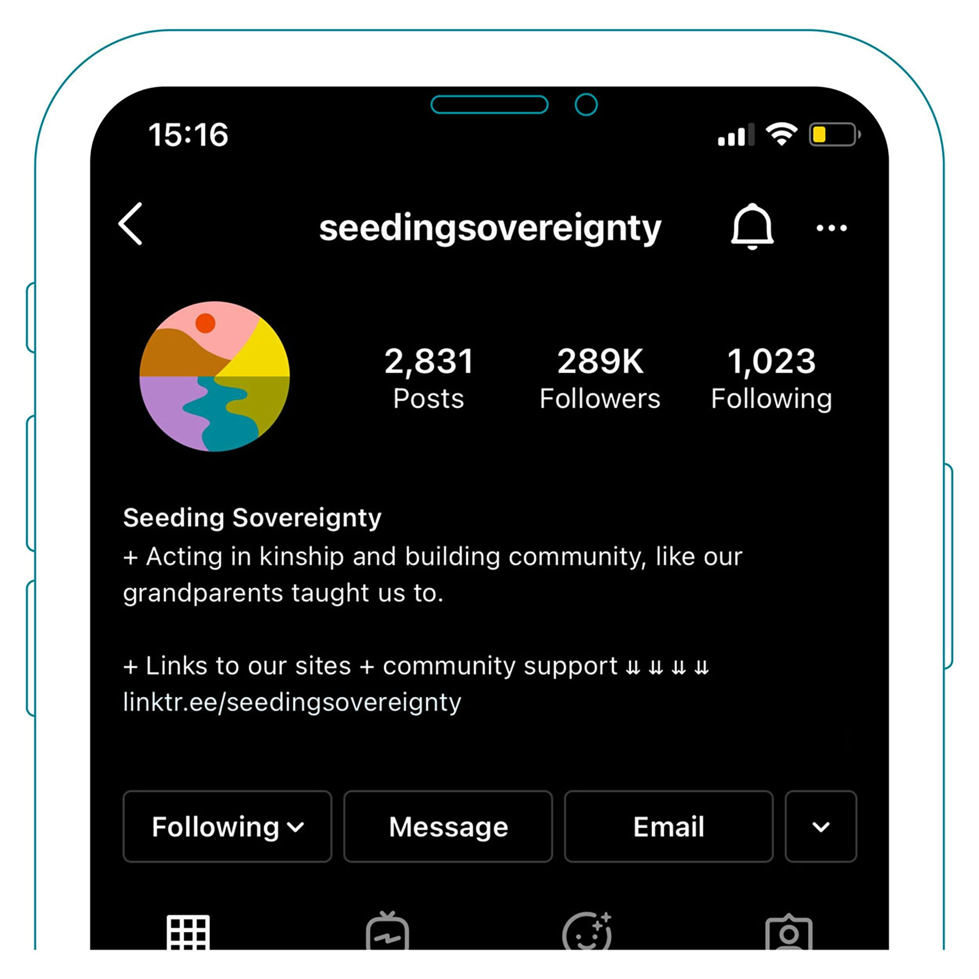 Image shows a phone on the Seeding Sovereignty Instagram profile page.