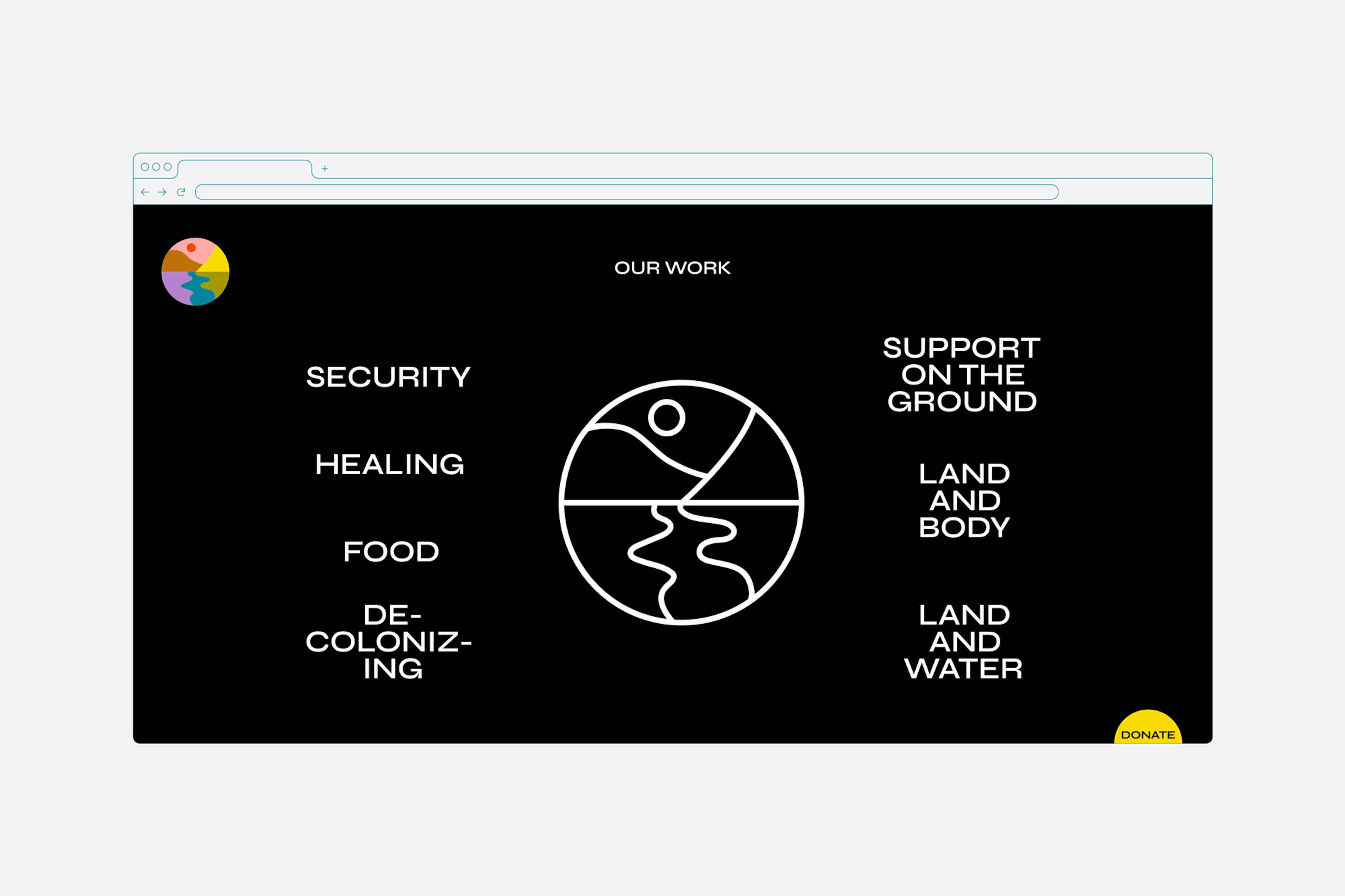 Animation shows a web browser with Seeding Sovereignty logo filling in with color as you hover on a work area. 