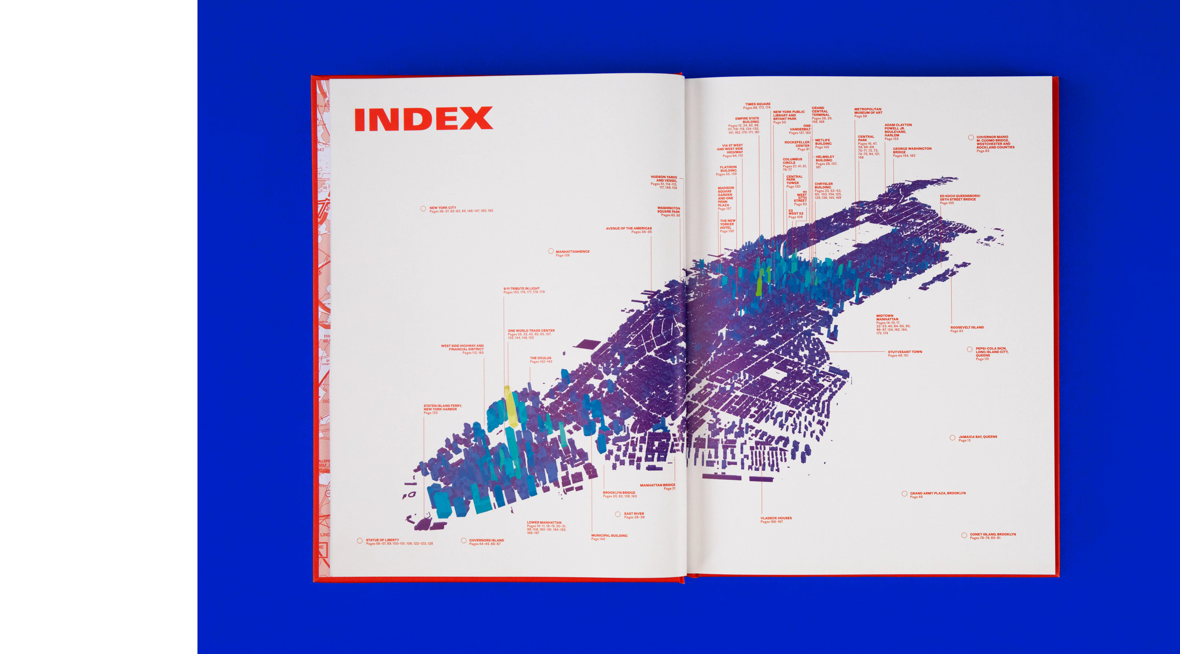 An overhead photo taken of the double-spread index page of the book. A 3D illustrated map of Manhattan is shown in colors purple, green, and teal. On major monuments, there are callouts with their names written in red. The book is lying on a cobalt blue seamless.