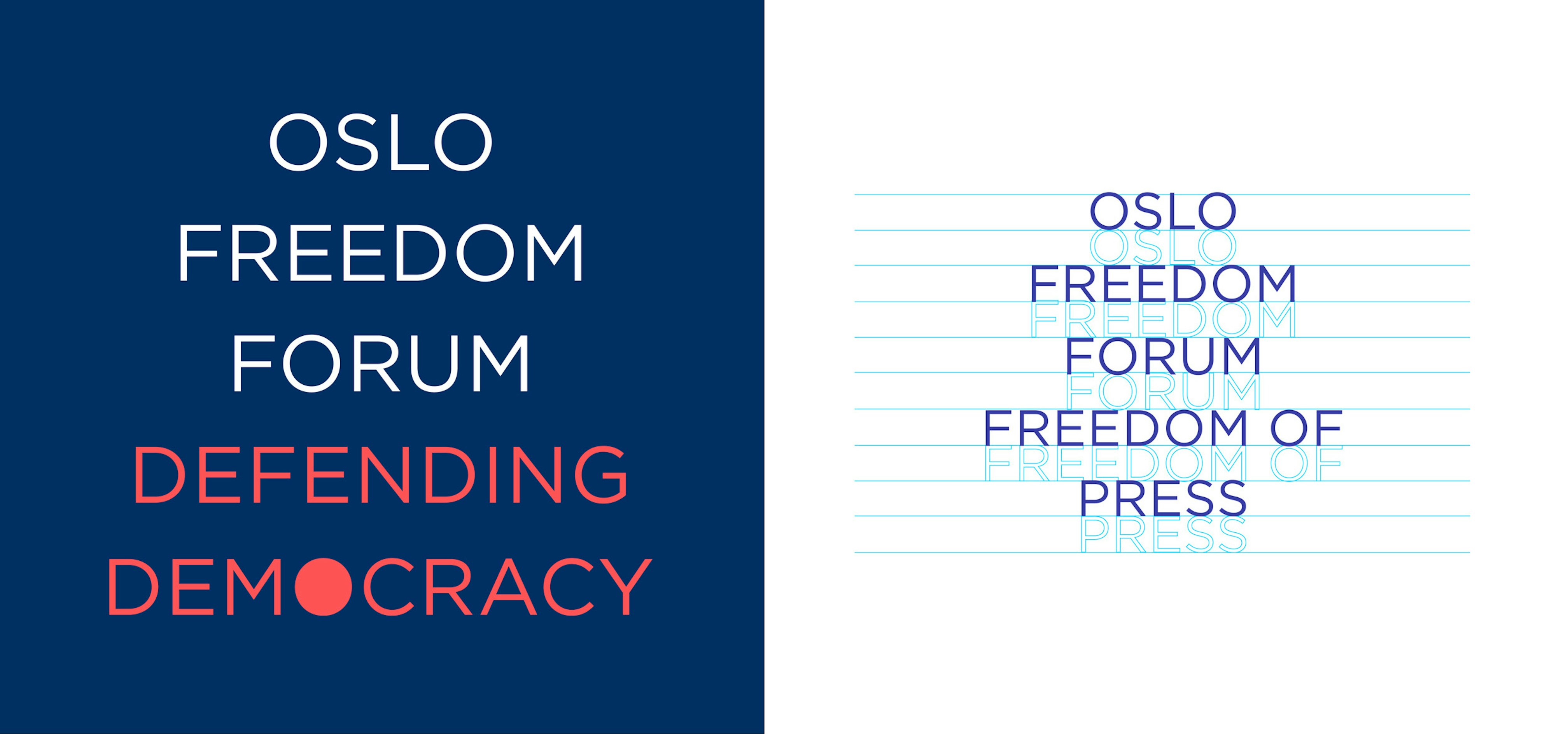 Image shows a graphic of the Oslo Freedom Forum logo on blue and white backgrounds. 