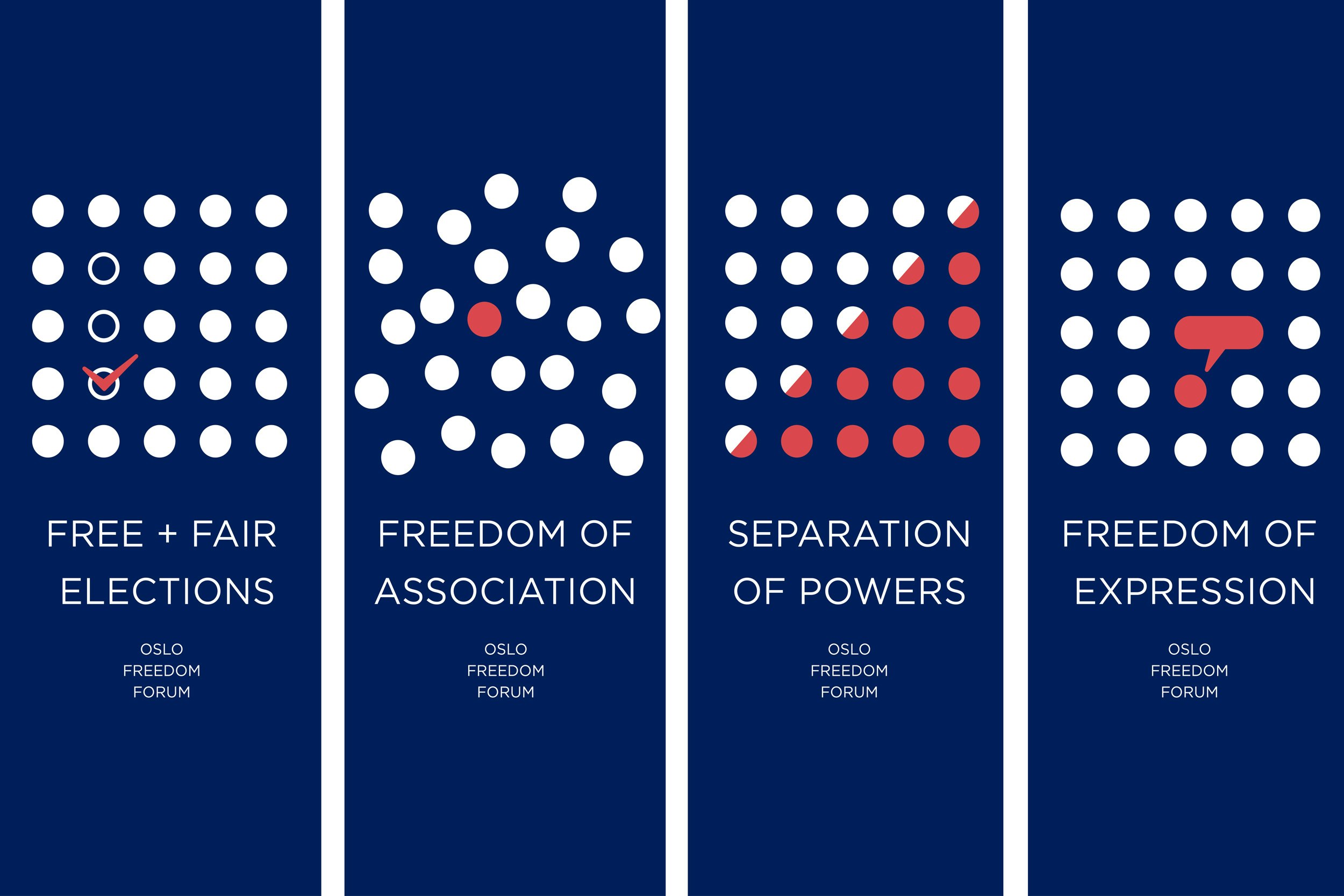 Four tall, skinny graphics show dot graphics representing the four titles: Free and Fair Elections, Freedom of Association, Separation of Powers, Freedom of Expression.