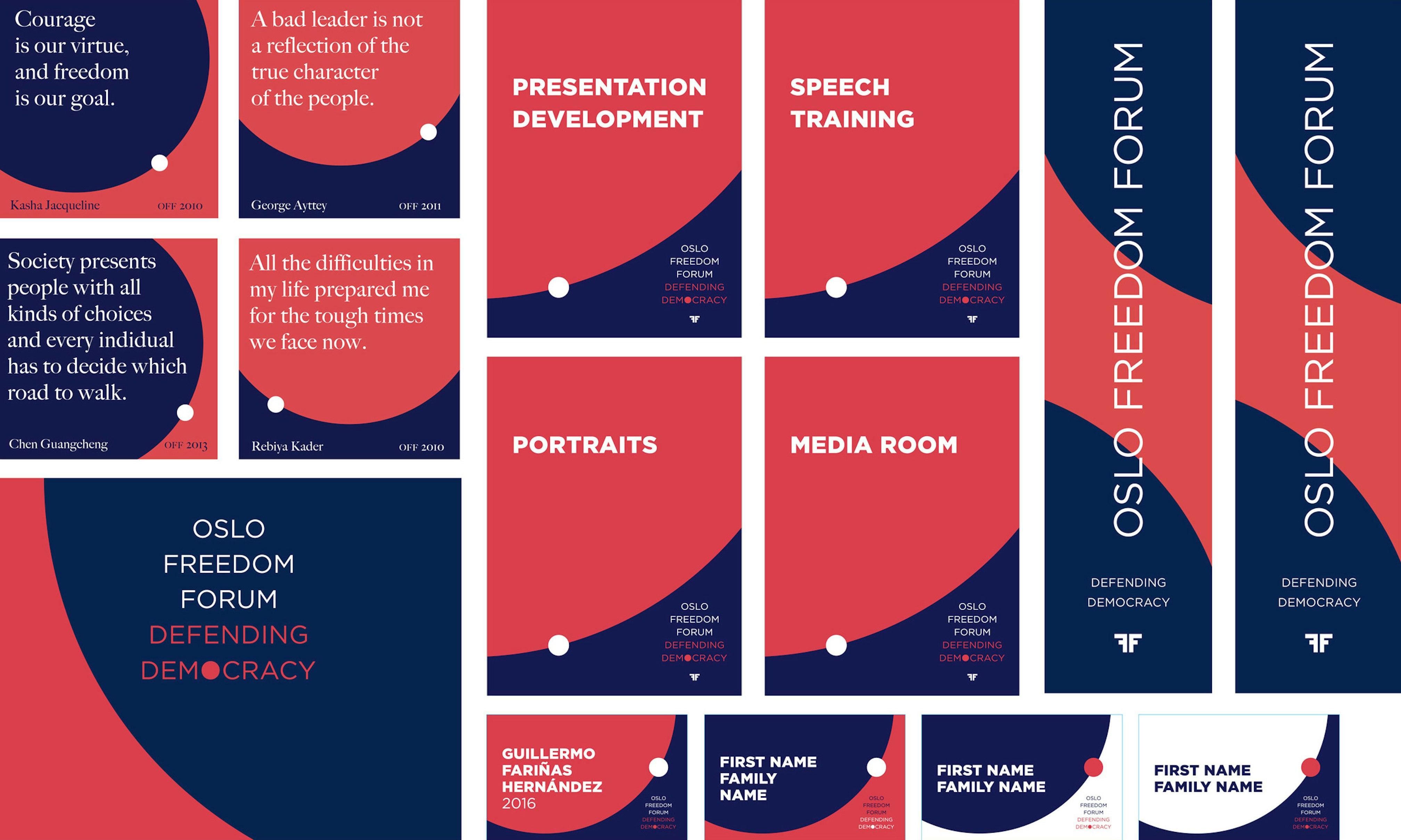 Image shows the design system for Oslo Freedom Forum, which includes large and small dots using the color combinations of navy blue, coral-red, and white. 