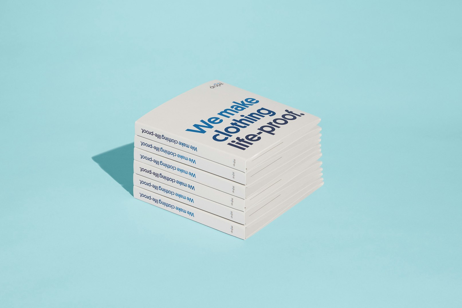 Image showing a stack of brand swatch books on a light blue seamless. They are light gray with the title printed in blue.