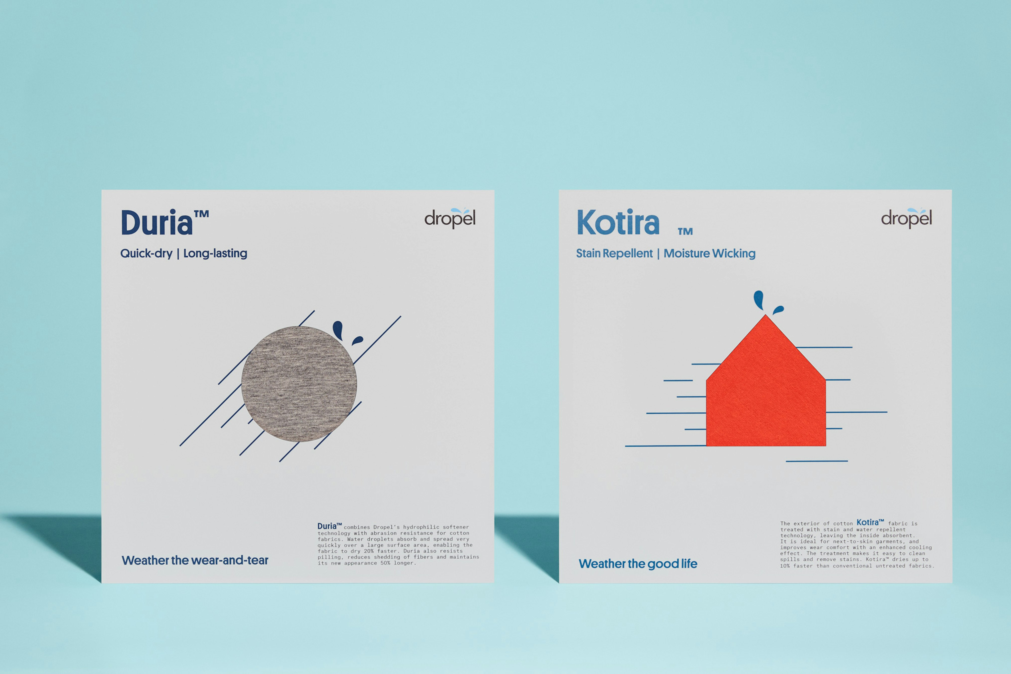 Photo of two swatch cards standing on a light blue seamless.