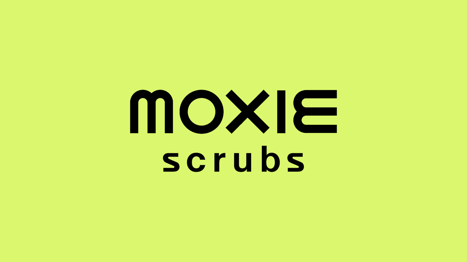 Animation of Moxie Scrubs word mark with the X changing designs. The word mark is black on a chartreuse background.