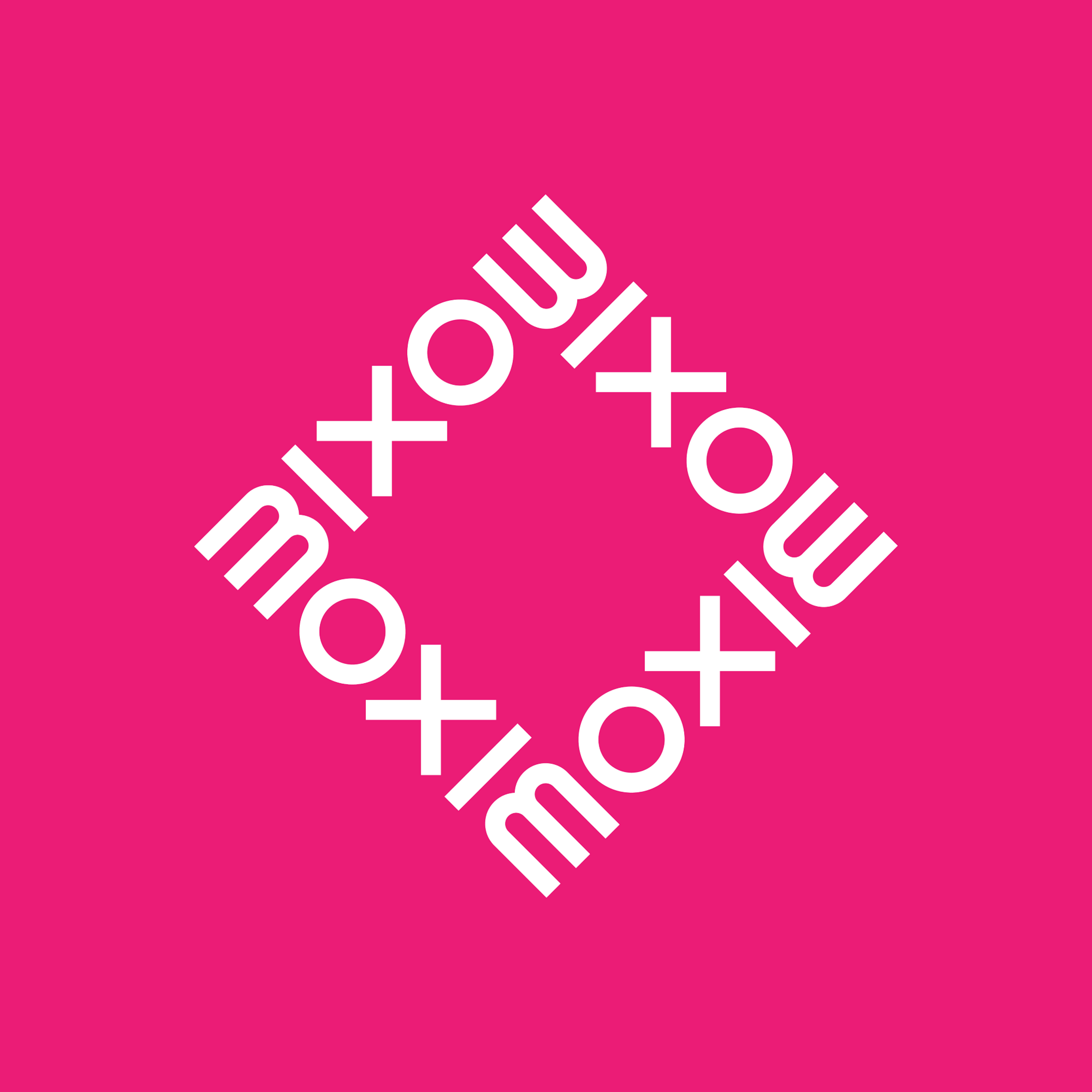 Moxie Wordmark in a square in white on a bright pink background.