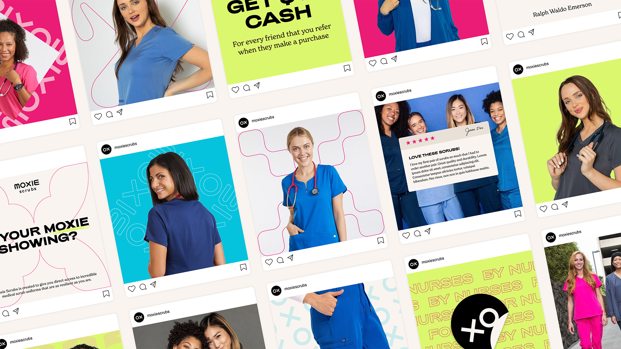 Moxie Social Media in different layout in a 12 degree angle.