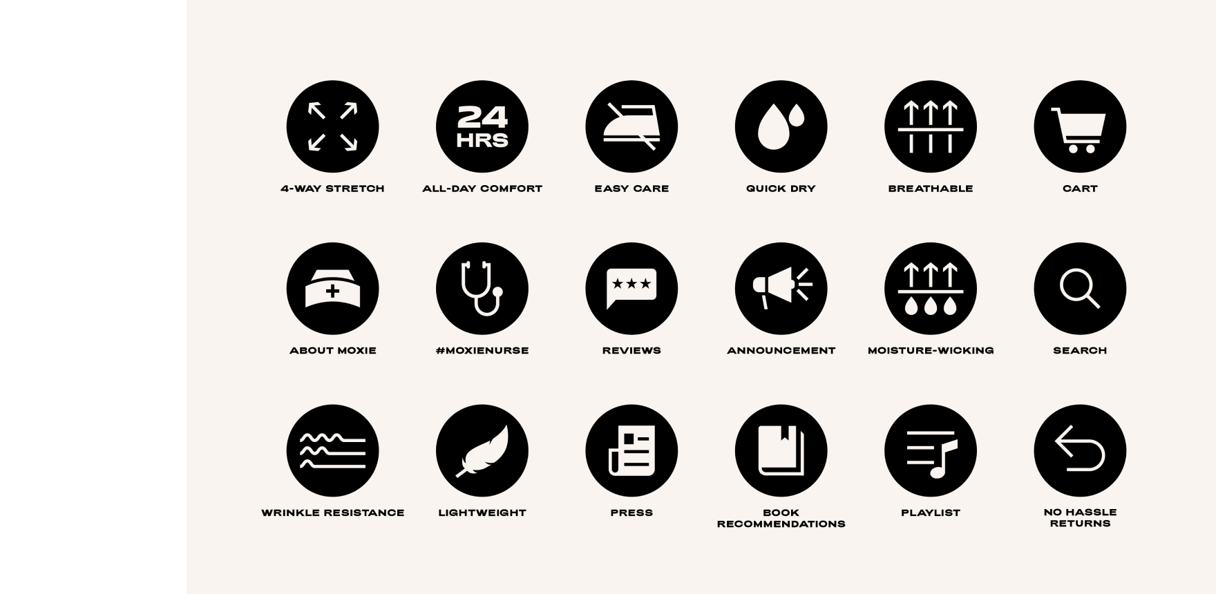 Moxie Scrubs' sixteen icons in black on a beige background.