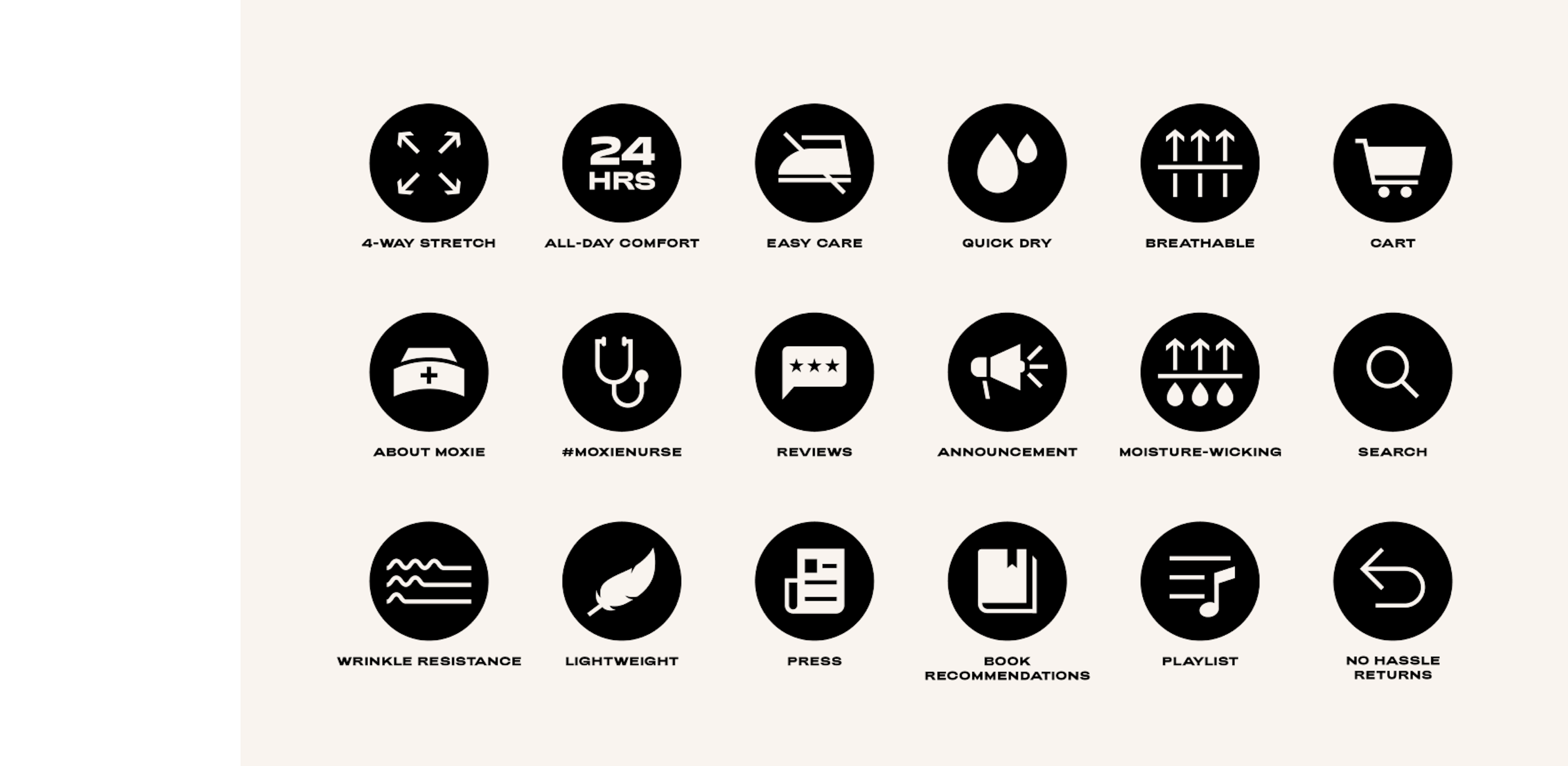 Moxie Scrubs' sixteen icons in black on a beige background.