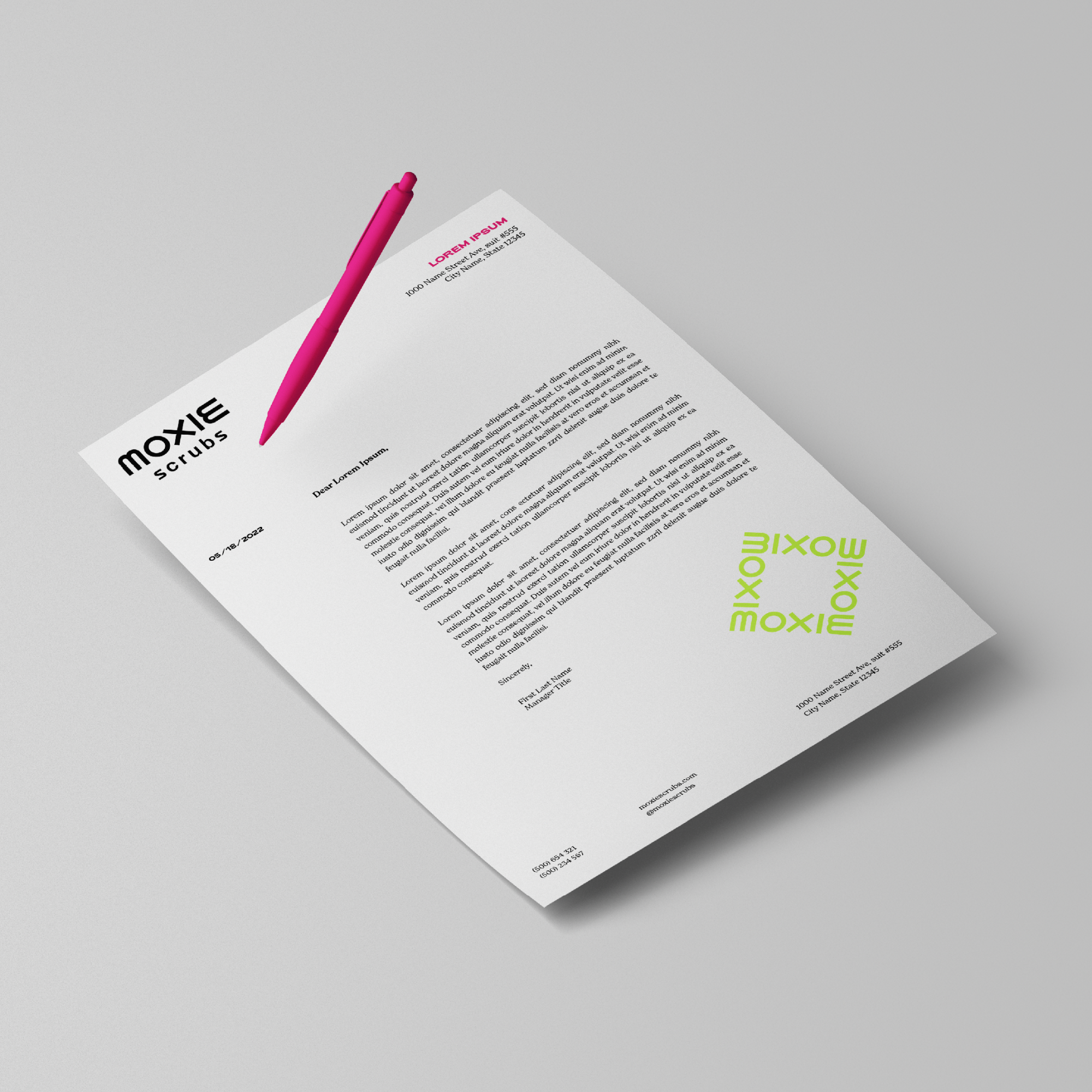 Moxie Scrubs' letterhead with pink pen.