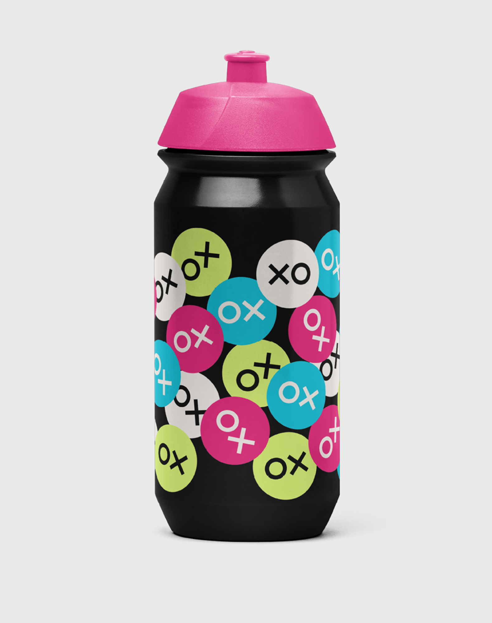 Moxie Water Bottle in black with the pink top cover in symbol stickers with different colors.