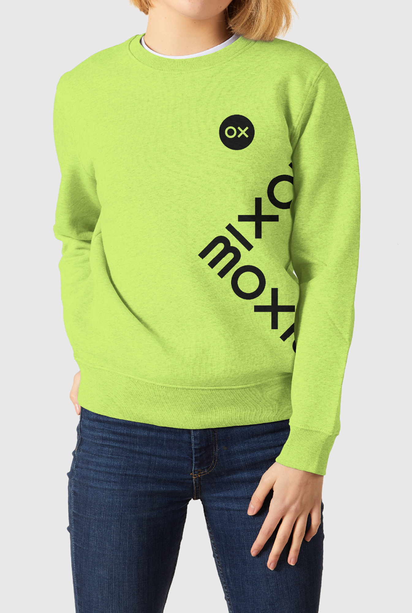 Moxie Sweater in chartreuse with symbol and oversized wordmark in a square on the right.