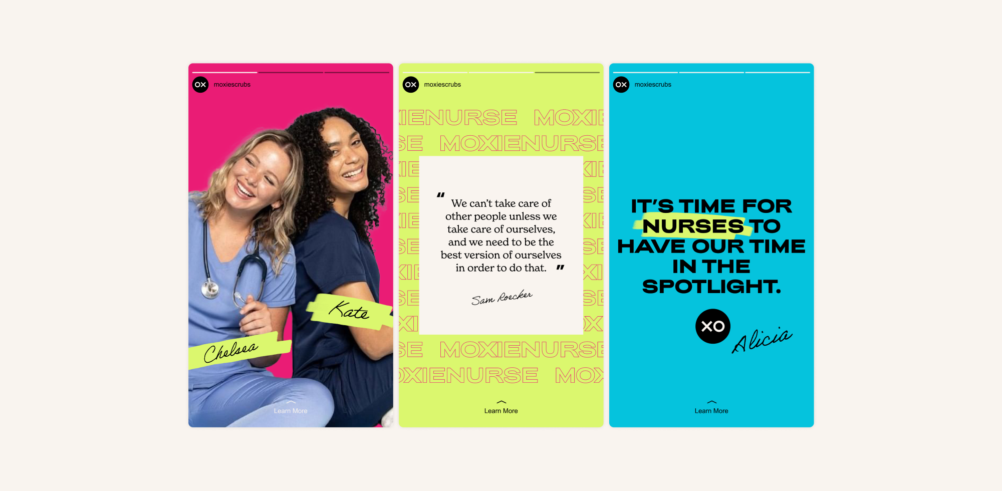 Moxie Scrubs' three social media stories.