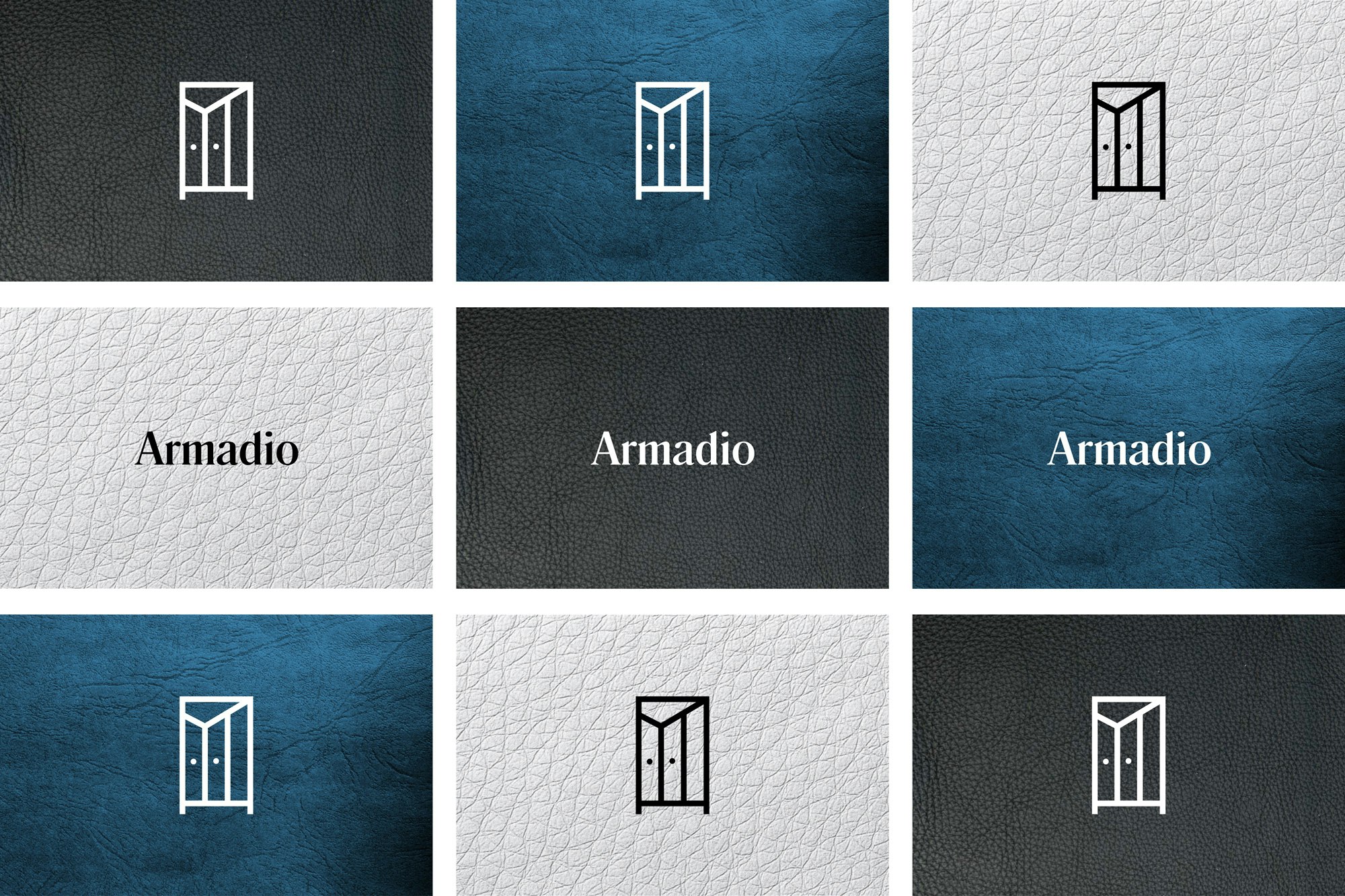 Image shows a grid of 9 images of black, blue, and white leather textures with the Armadio logo on them.
