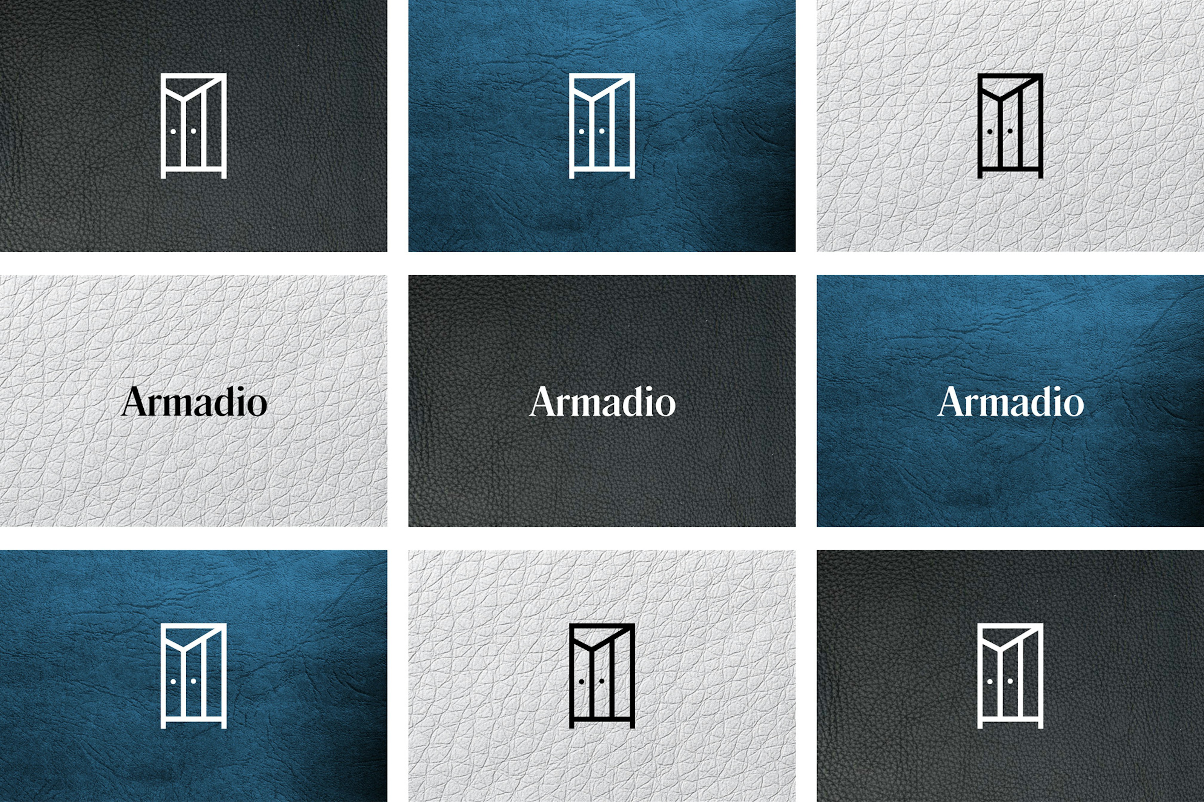 Image shows a grid of 9 images of black, blue, and white leather textures with the Armadio logo on them. 