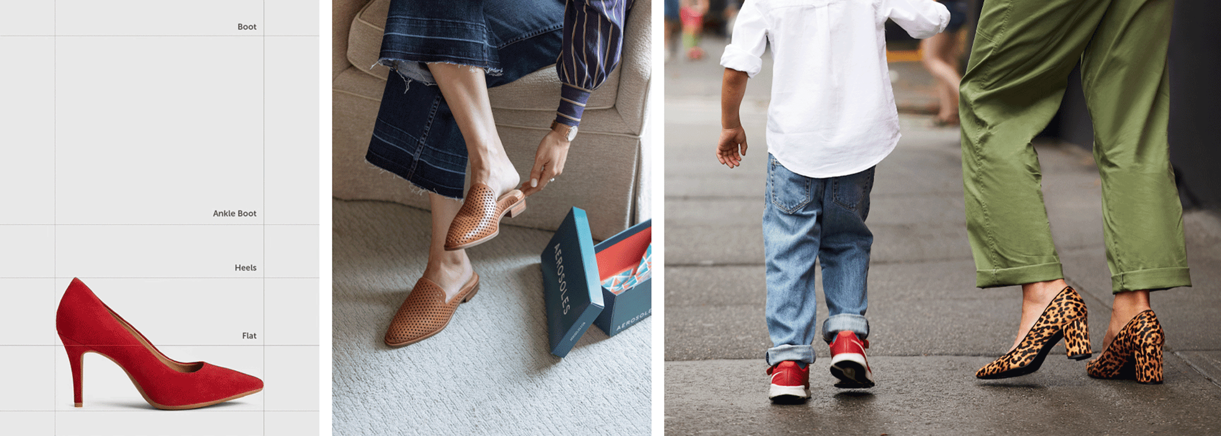 Animation showing different shoes next to two stills of people wearing the shoes.