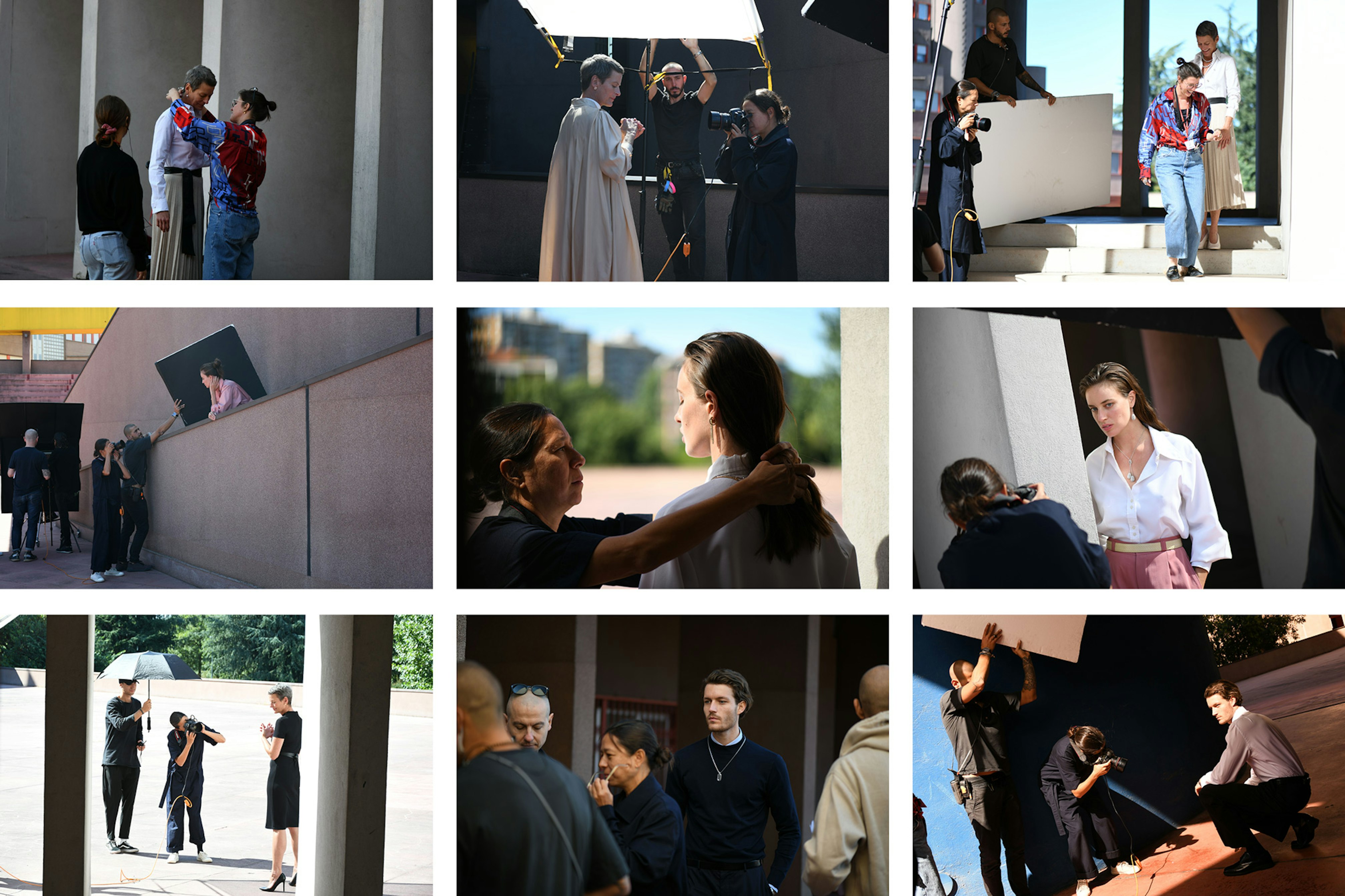 Nine small images showing behind the scene images from the shoot in Italy.