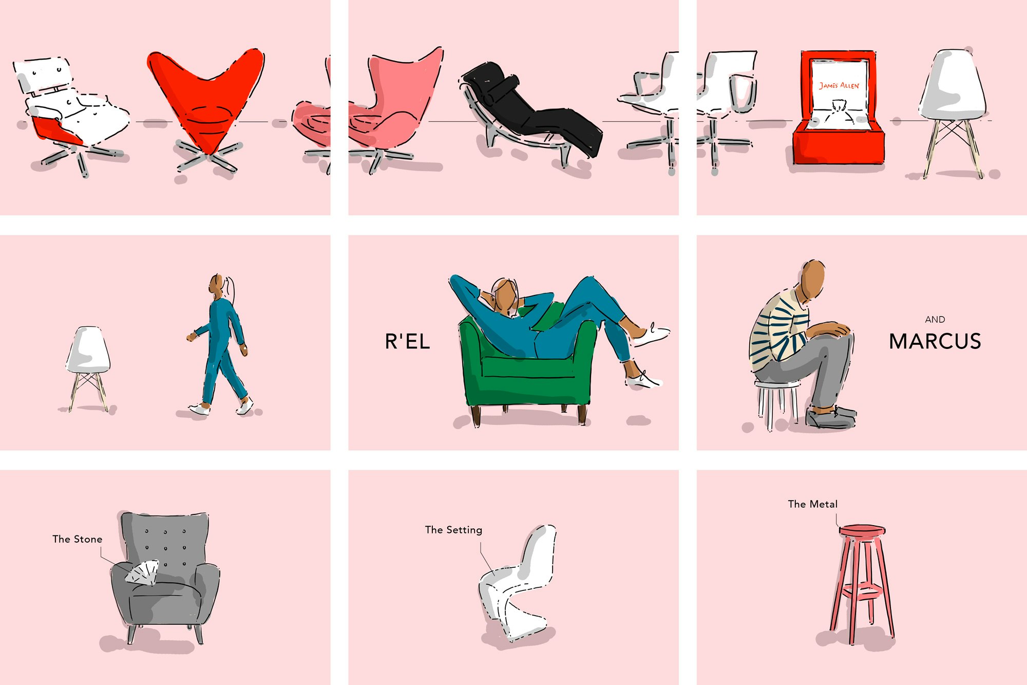 Illustrations showing part of the storyboard for one of James Allen's influencer videos.