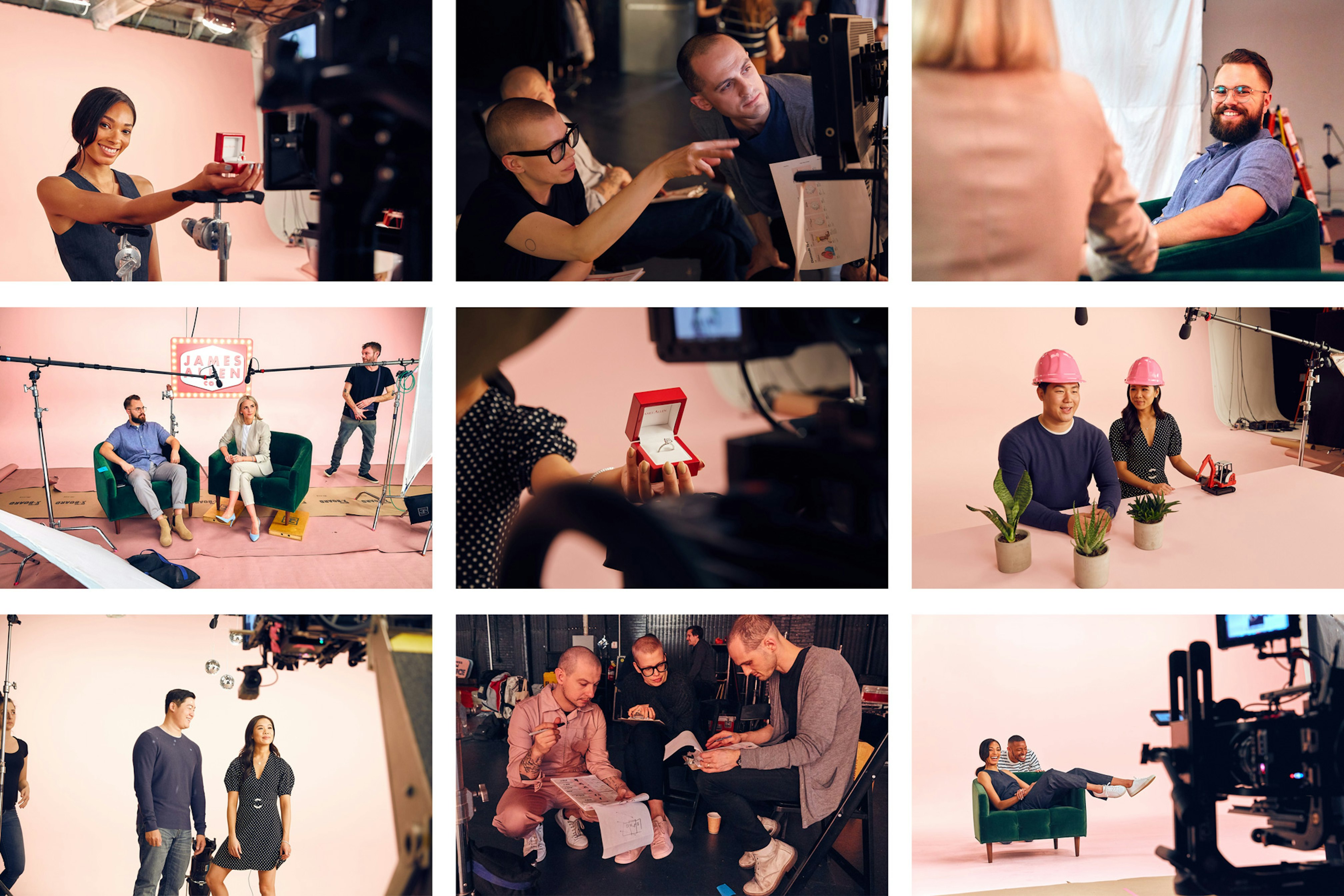 Grid image of nine photos showing behind the scenes shots from James Allen influencer video shoot.