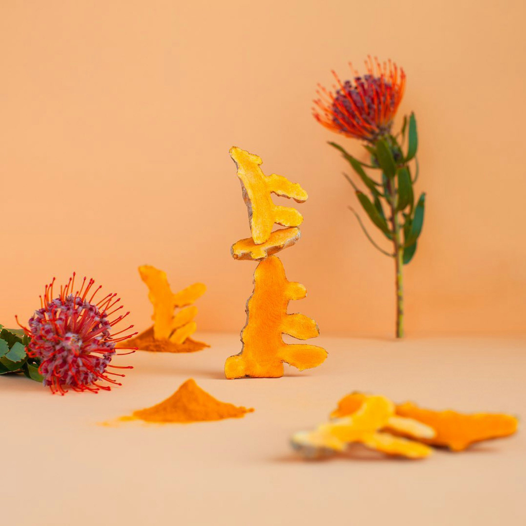 Still life image showing two red flowers and slices of turmeric root and powder.