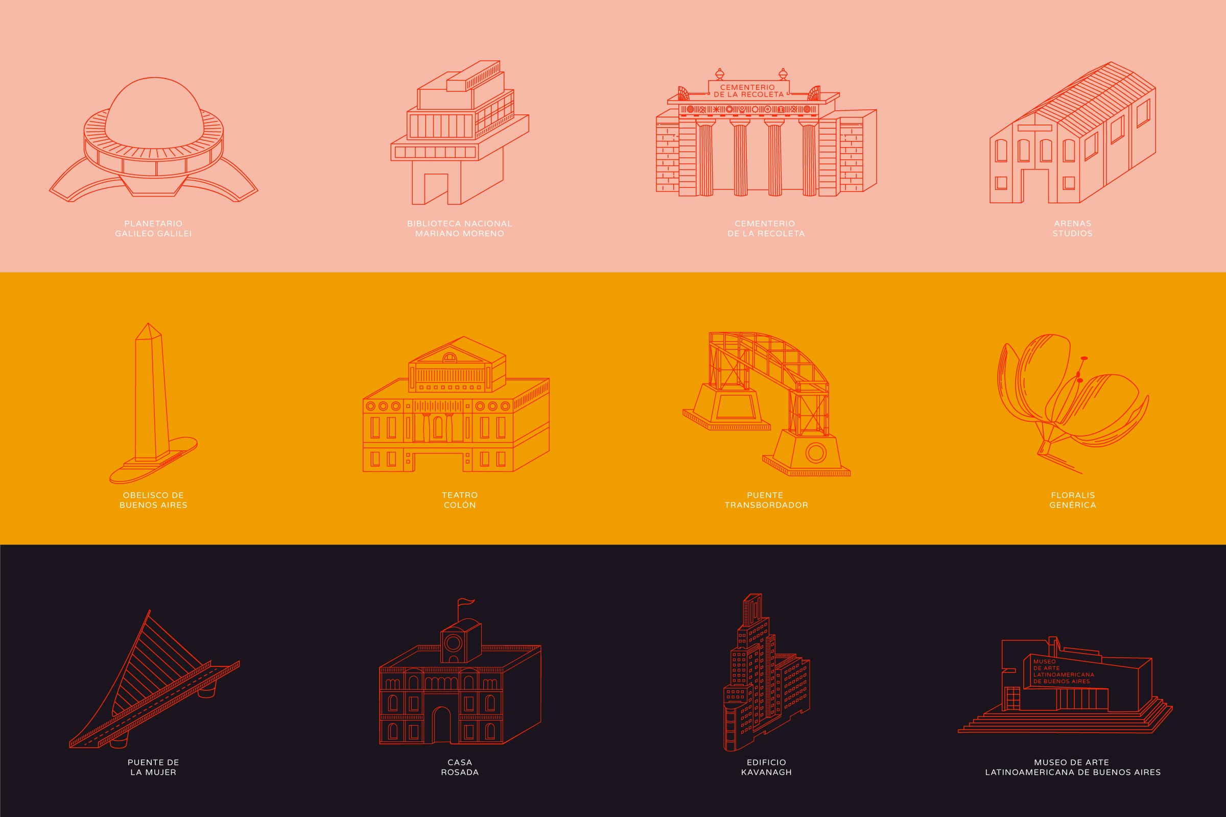 Illustration showing all the icons for Art Basel catalogue. The illustrations are of buildings and landmarks and the colors are soft pink, dusty yellow, navy, and red.