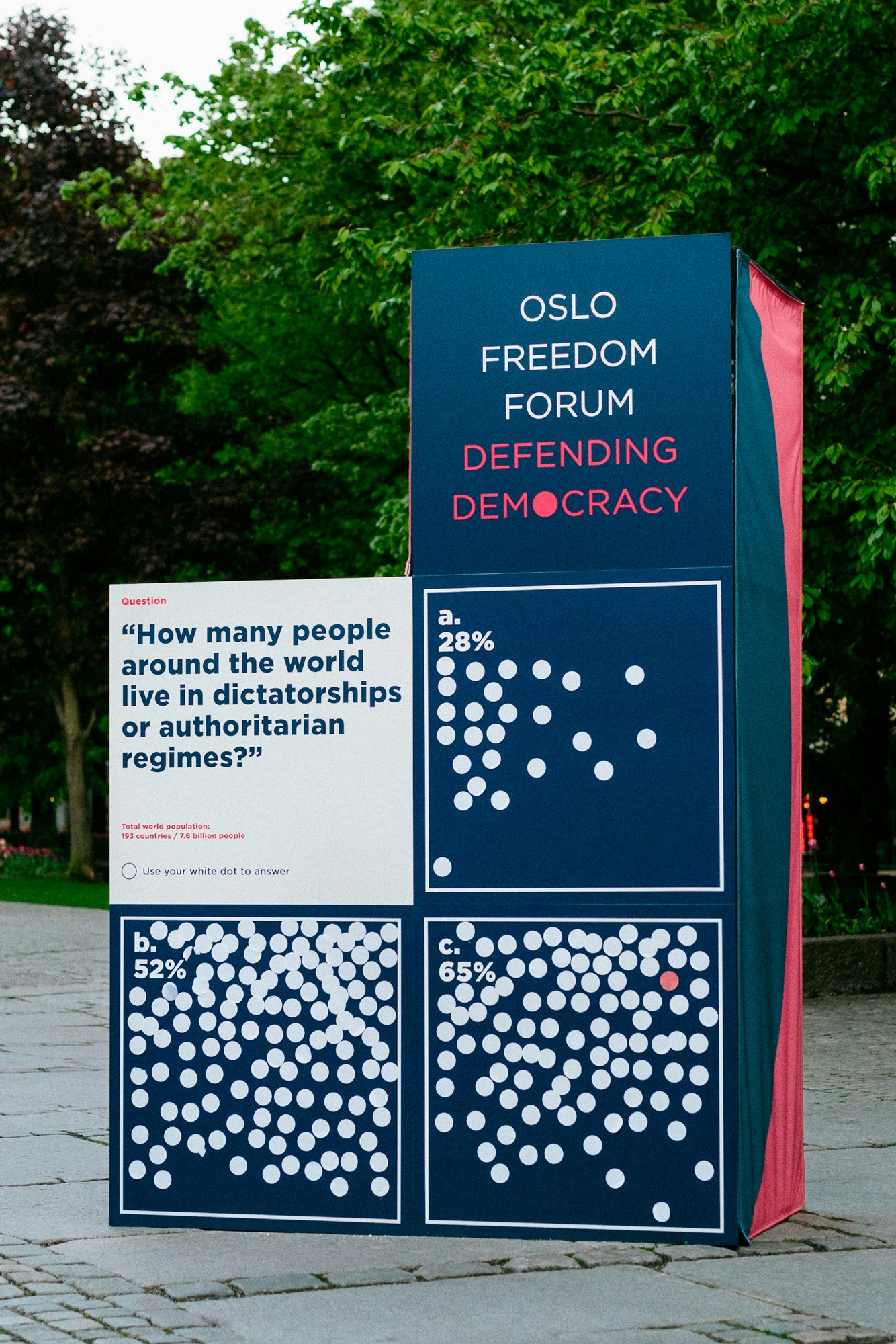 Image shows a 3D installation that reads, "Oslo Freedom Forum Defending Democracy" and "How many people around the world live in dictatorships or authoritarian regimes?"