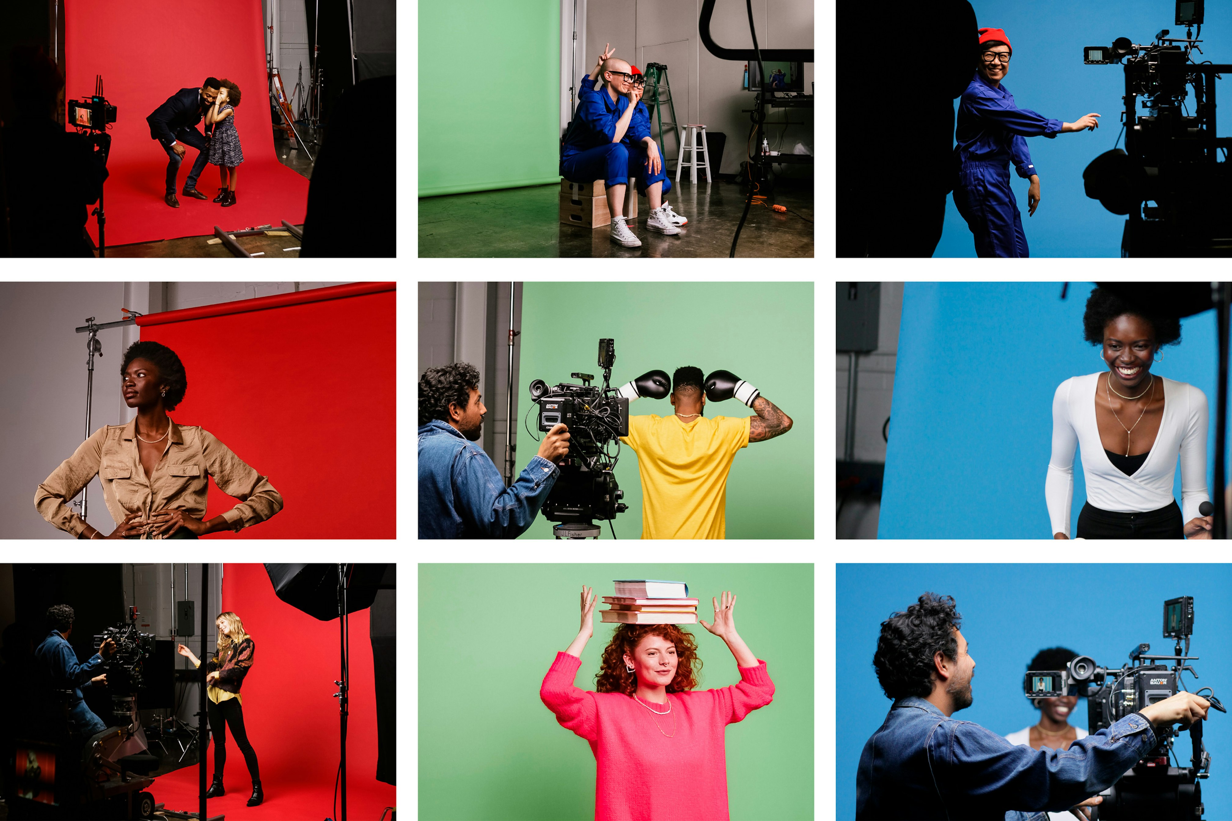 3 by 3 image showing backstage footage of the Piercing photoshoot.