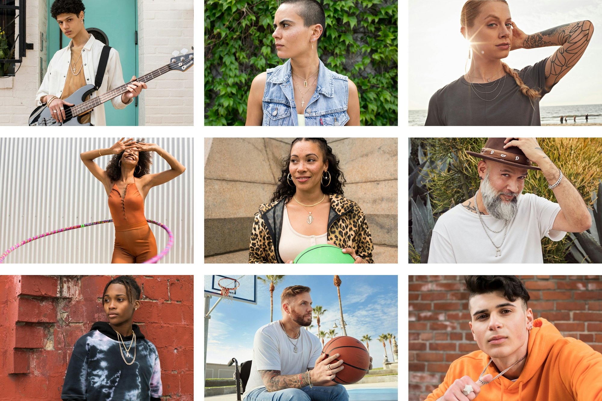 3 by 3 grid image showing the different talent in their different locations. One is playing the base, one is hula hooping, one is playing basketball.