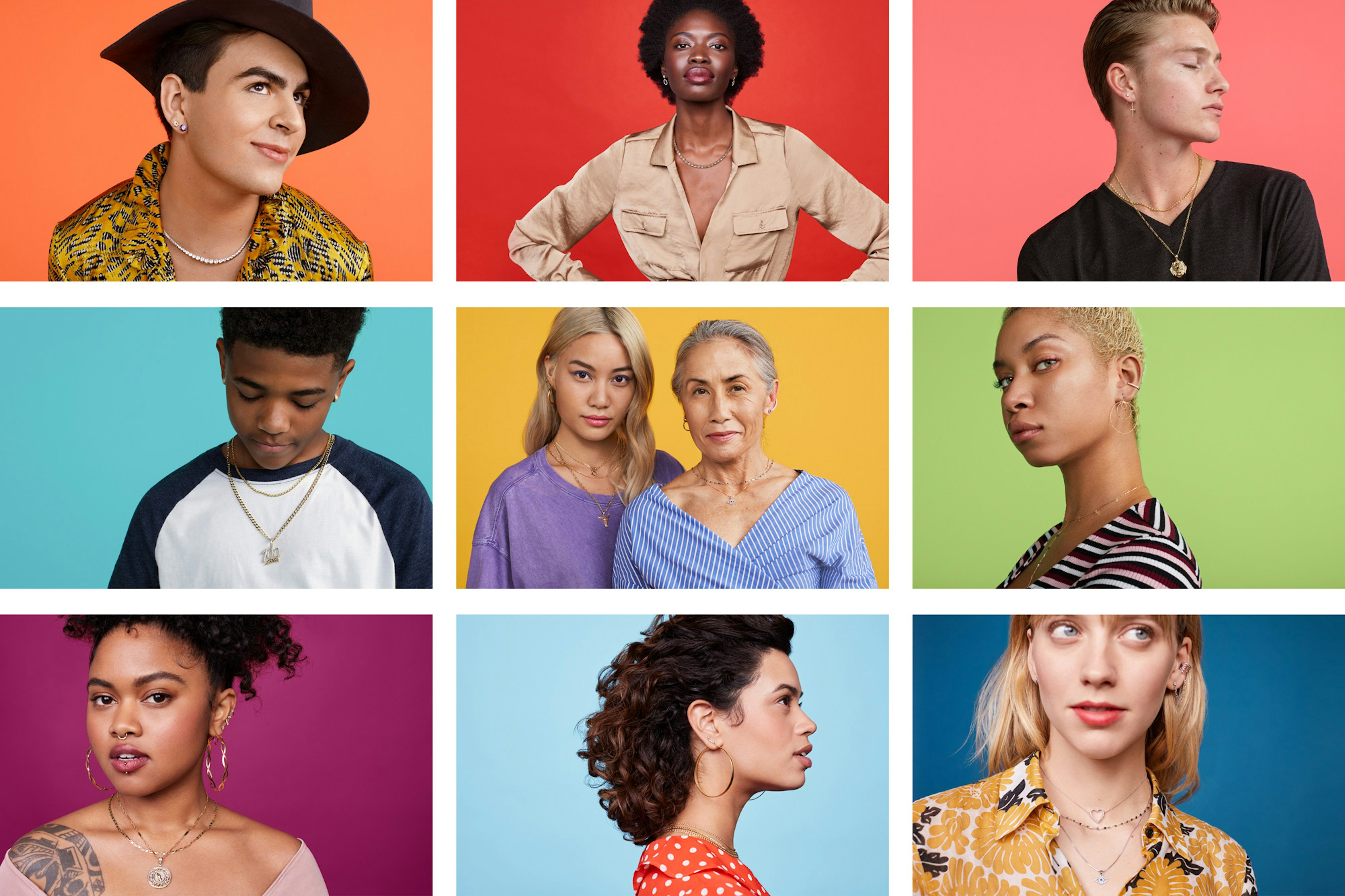 3 by 3 grid image showing images from in-studio. Each image shows a different talent on a different colored seamless. 