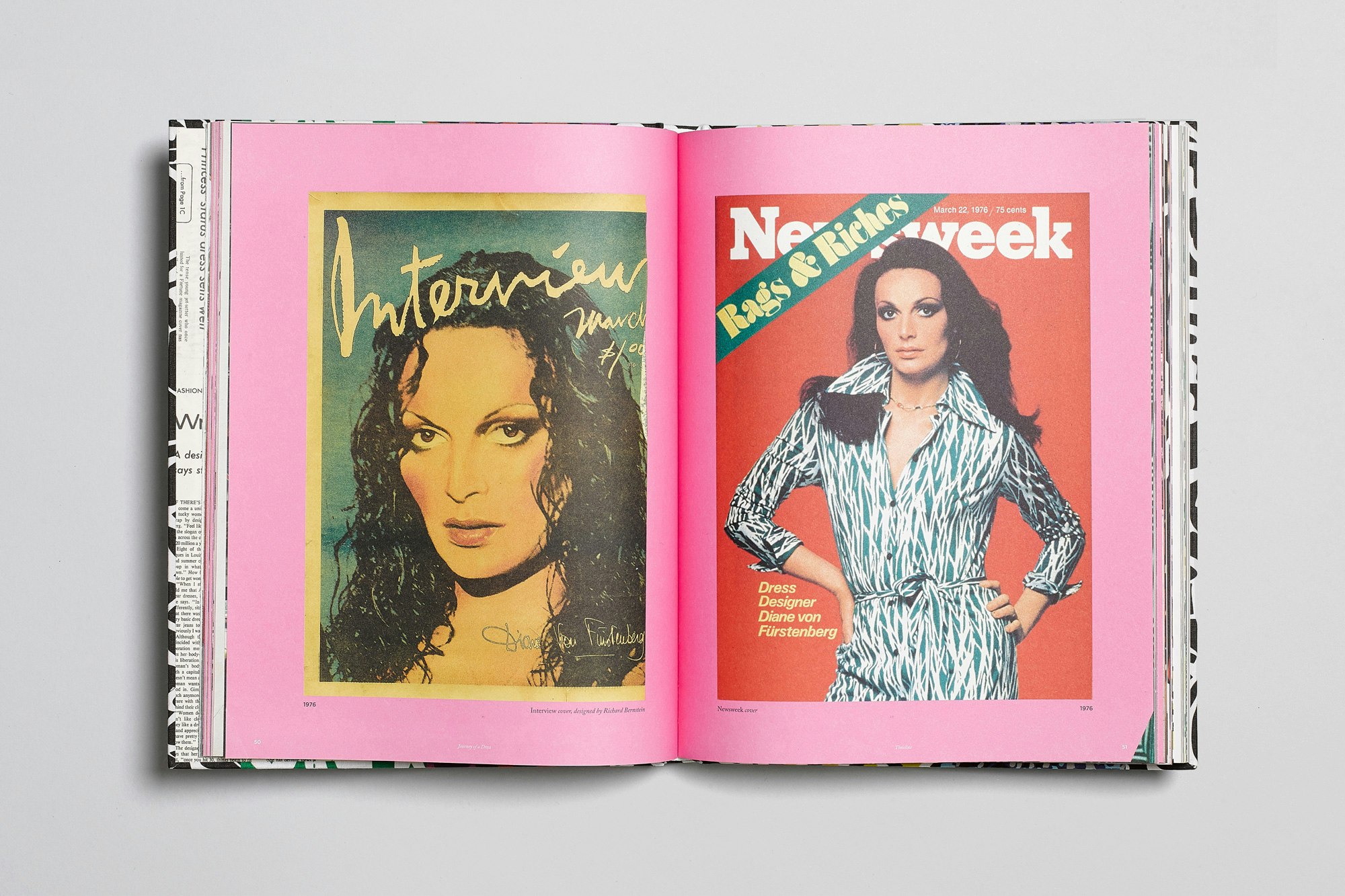 Image showing the DVF book open showing a pink spread with two magazine covers featuring Furstenberg.