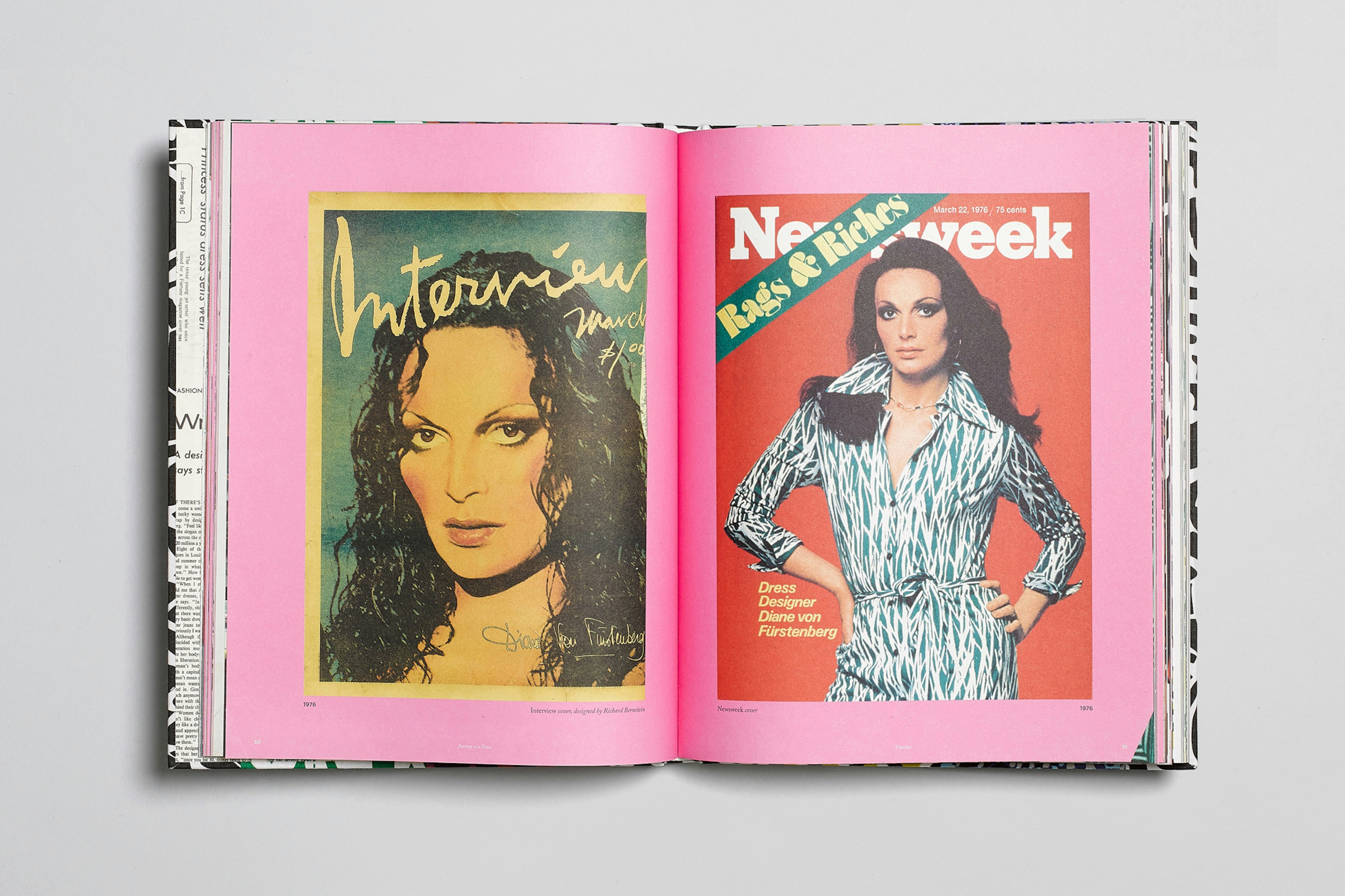 Image showing the DVF book open showing a pink spread with two magazine covers featuring Furstenberg.