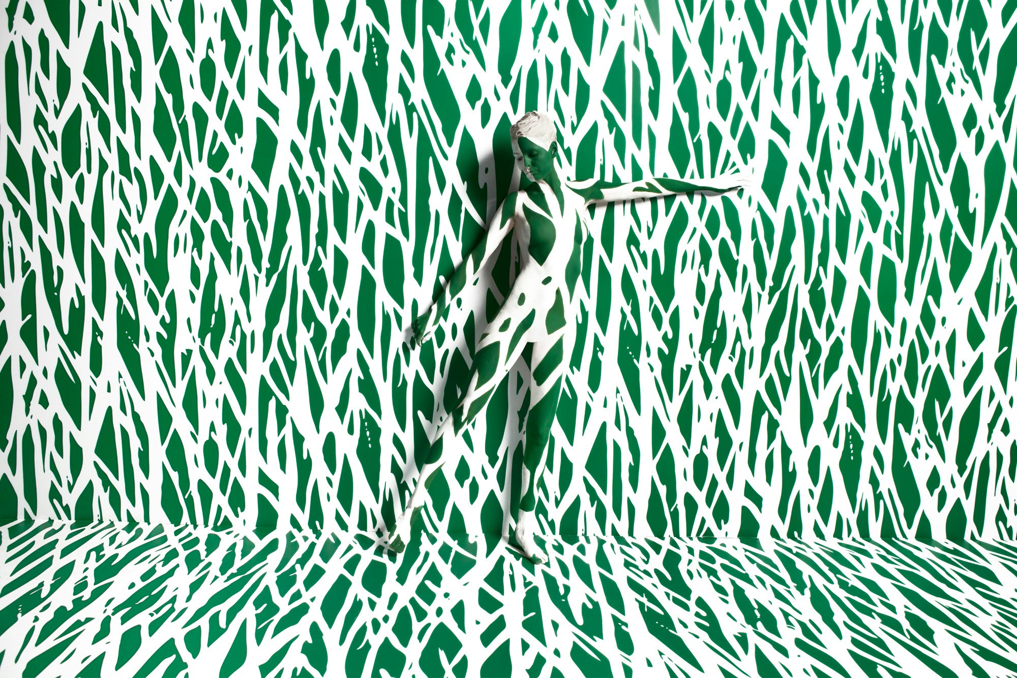 Photo of person painted in the green classic DVF print against a wall and floor with the same print.