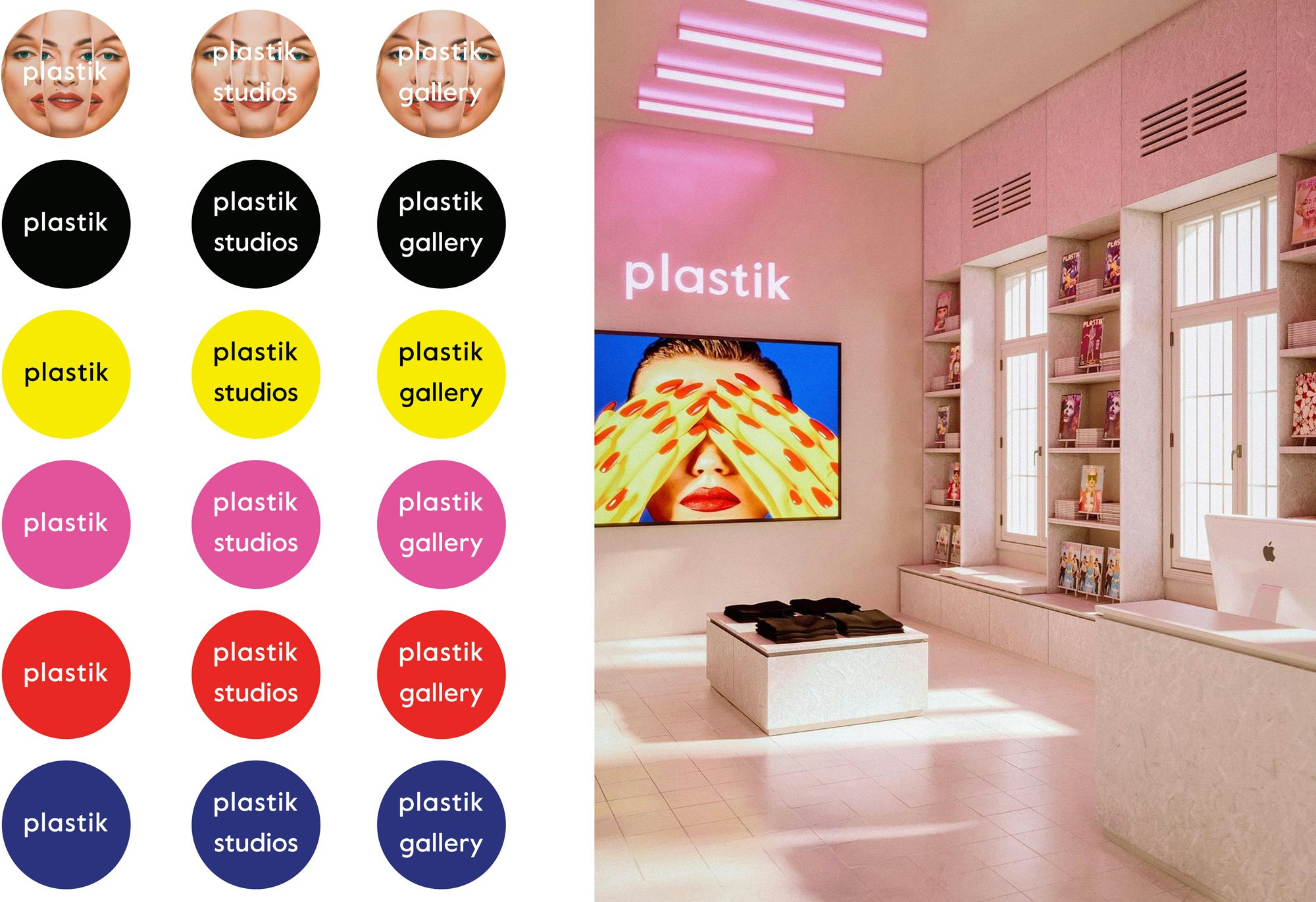Image showing on the left a 3 by 5 grid of circle stickers each with one of the logos - Plastik, Plastik Studio, Plastik Gallery. The top row is a photo of a person's face and the rest are in the brand's color palette - black, yellow, hot pink, red, navy. On the right side is a photo of the inside of the Plastik store with the logo written in pink neon hanging on the wall.