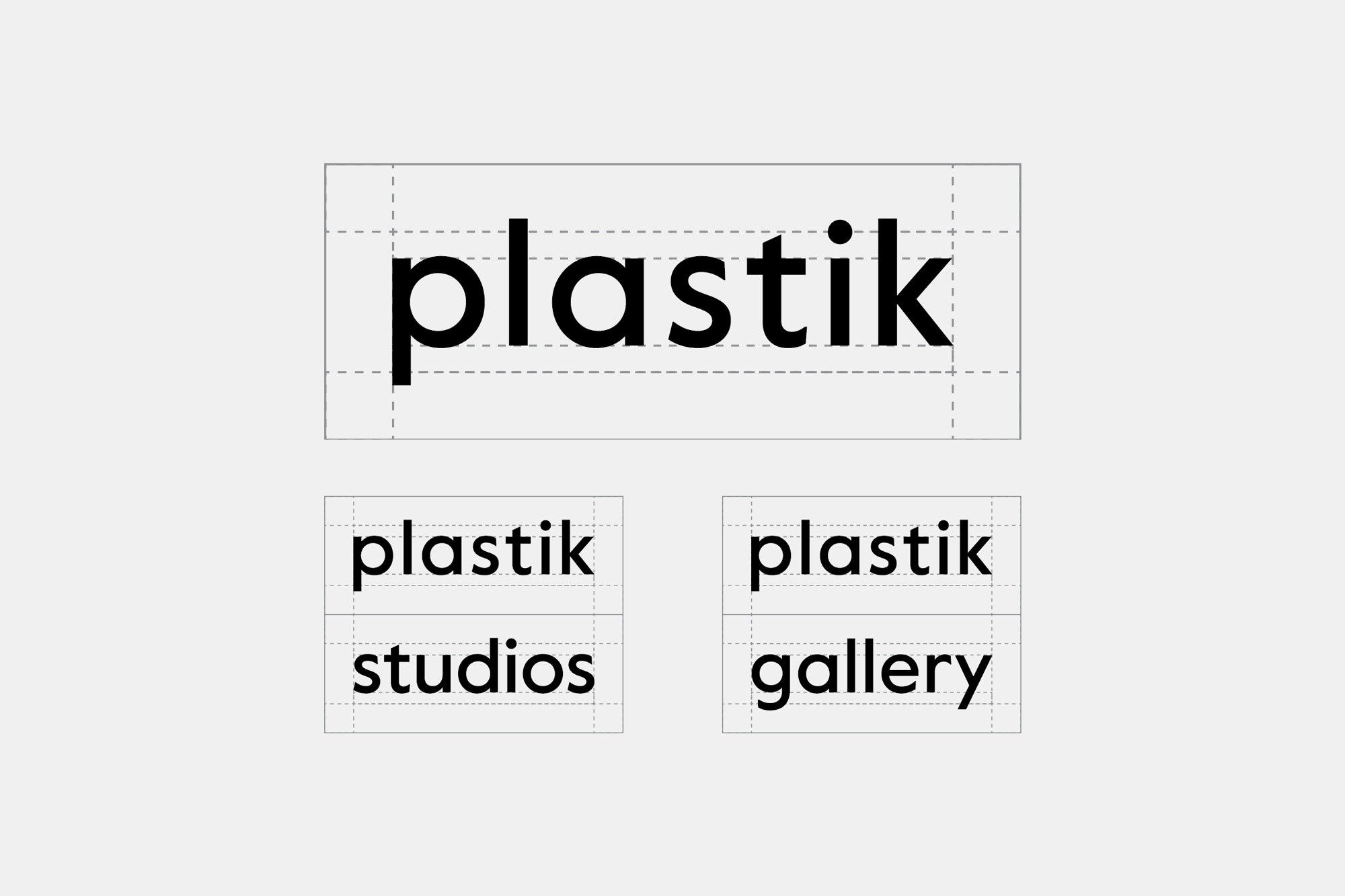 Image shows a graphic showing alignment of the plastik logo when you create sub-logos for plastik studios and plastik gallery.