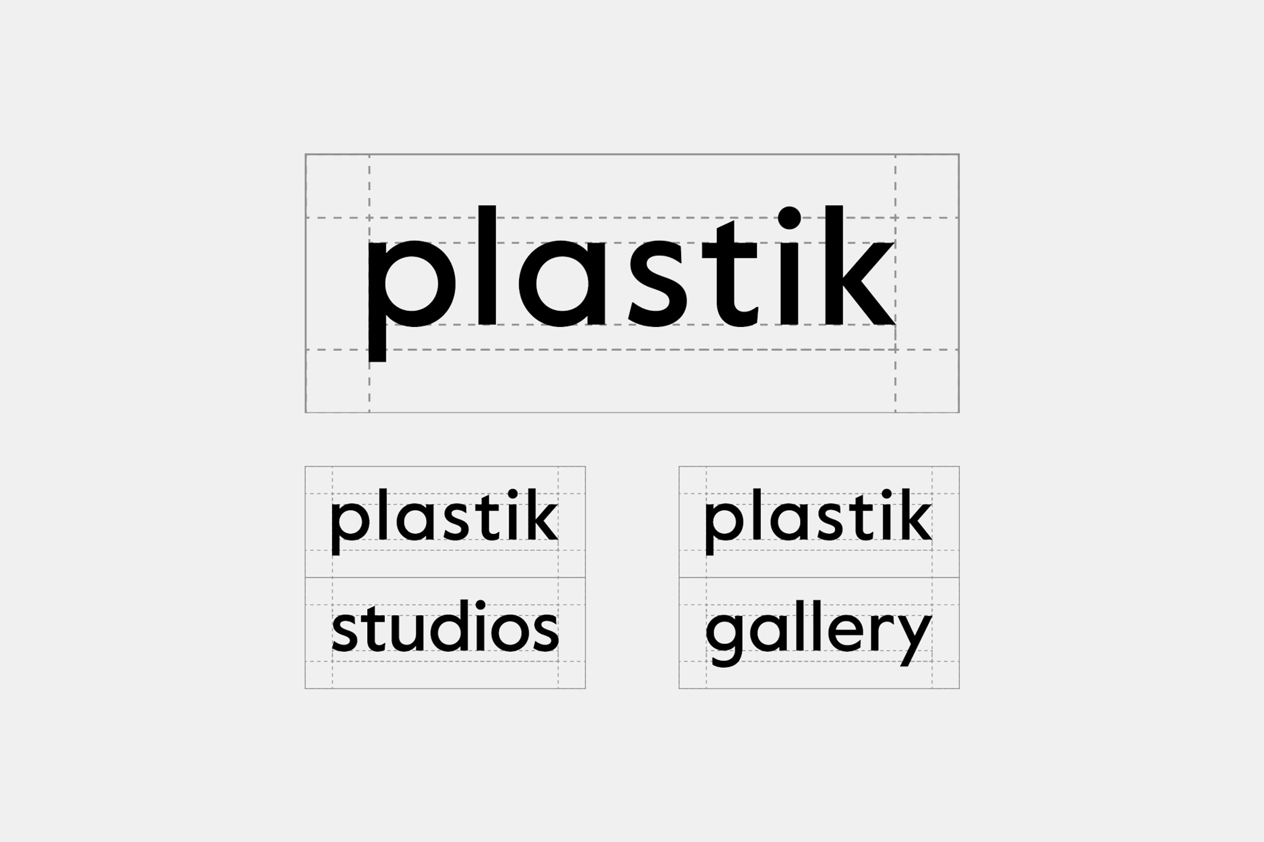 Image shows a graphic showing alignment of the plastik logo when you create sub-logos for plastik studios and plastik gallery. 