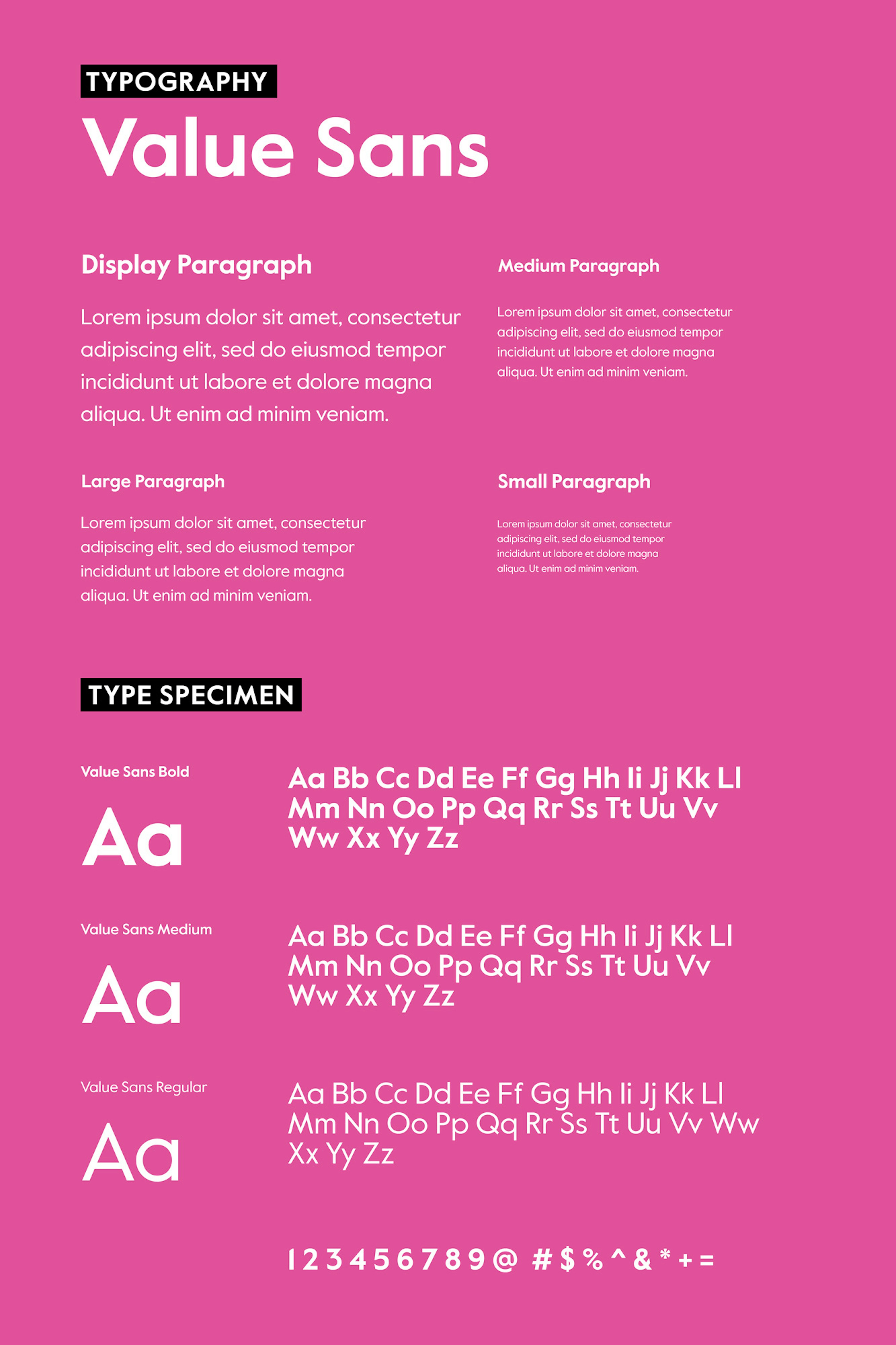 Image shows a graphic displaying plastik's font, Value Sans, in white on a bubblegum pink background. 