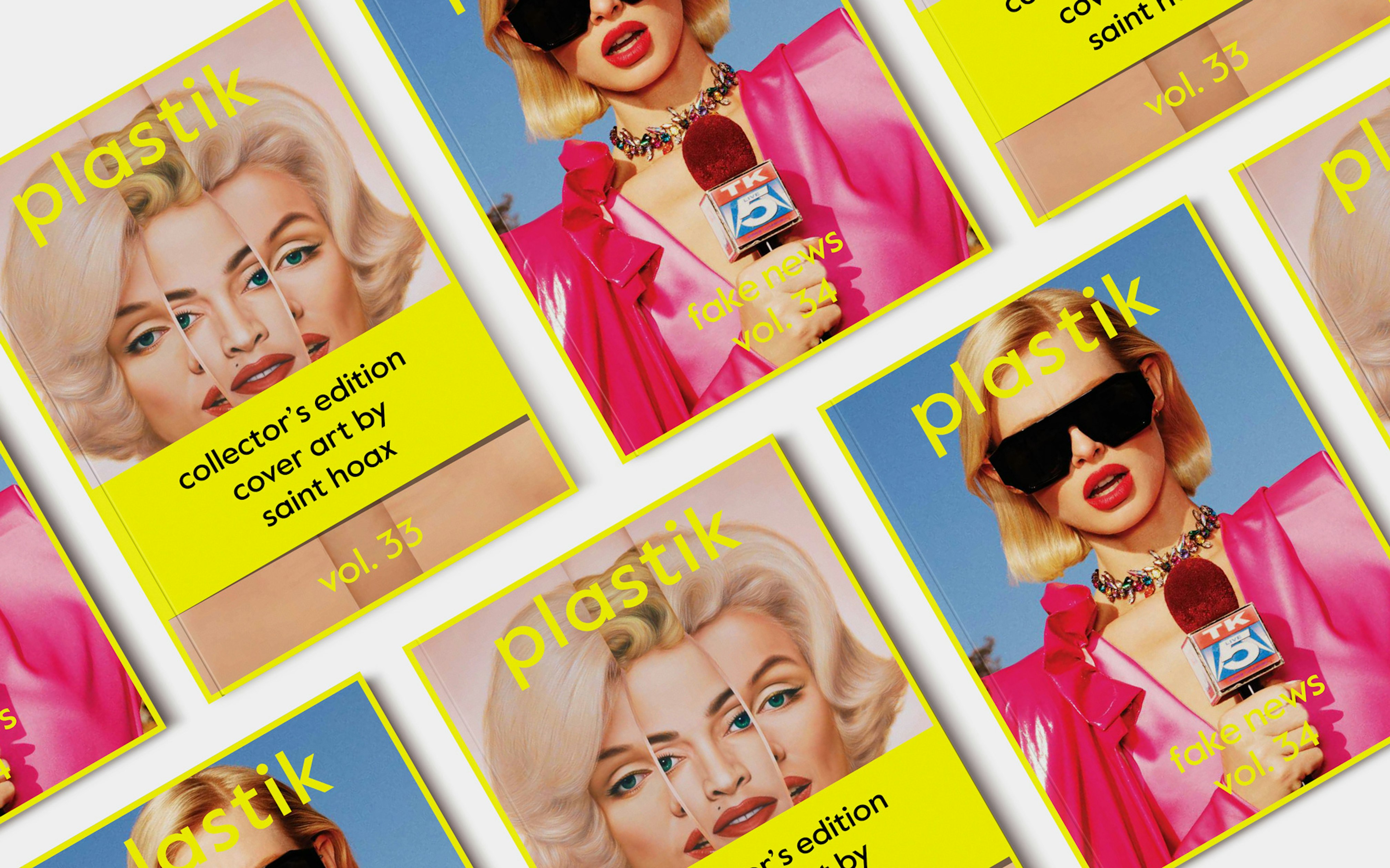 Image shows a grid of covers of Plastik Magazine with bold portrait imagery on them and the plastik logo in bright yellow on them. 