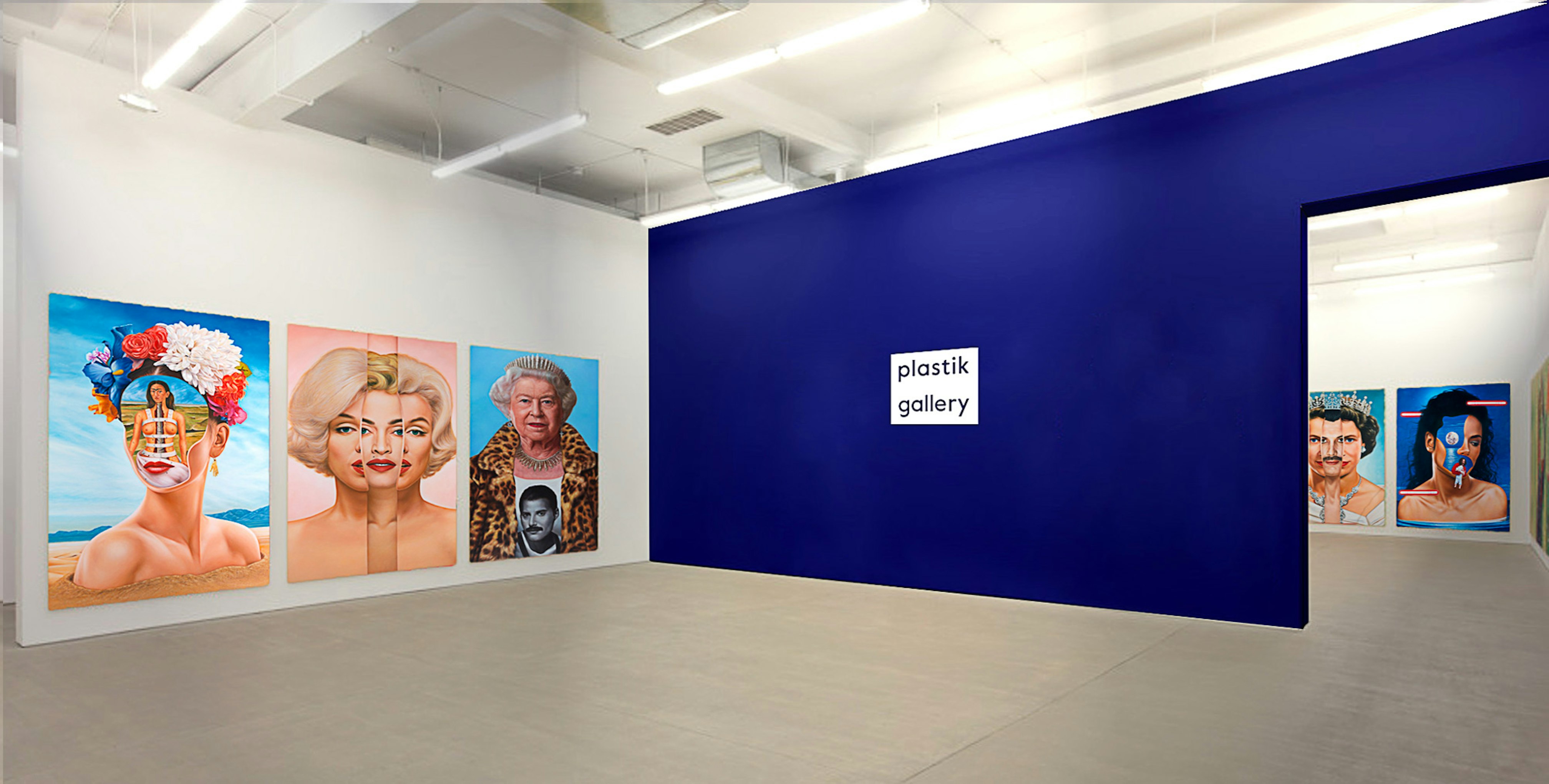Image shows a gallery space with pieces of bright, graphic artwork lining the walls. There is a big dark blue wall in the center of the image with the plastik gallery logo on it. 