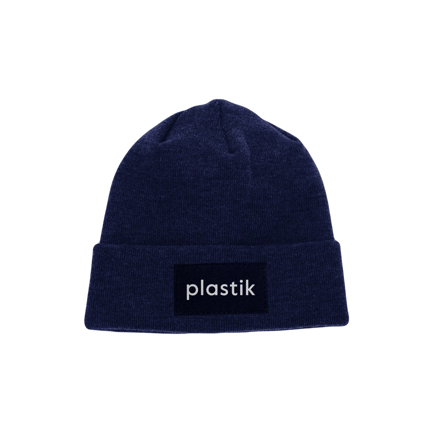 Image shows a navy blue knit, cuffed beanie with a black, rectangular patch with the Plastik logo in white on it.