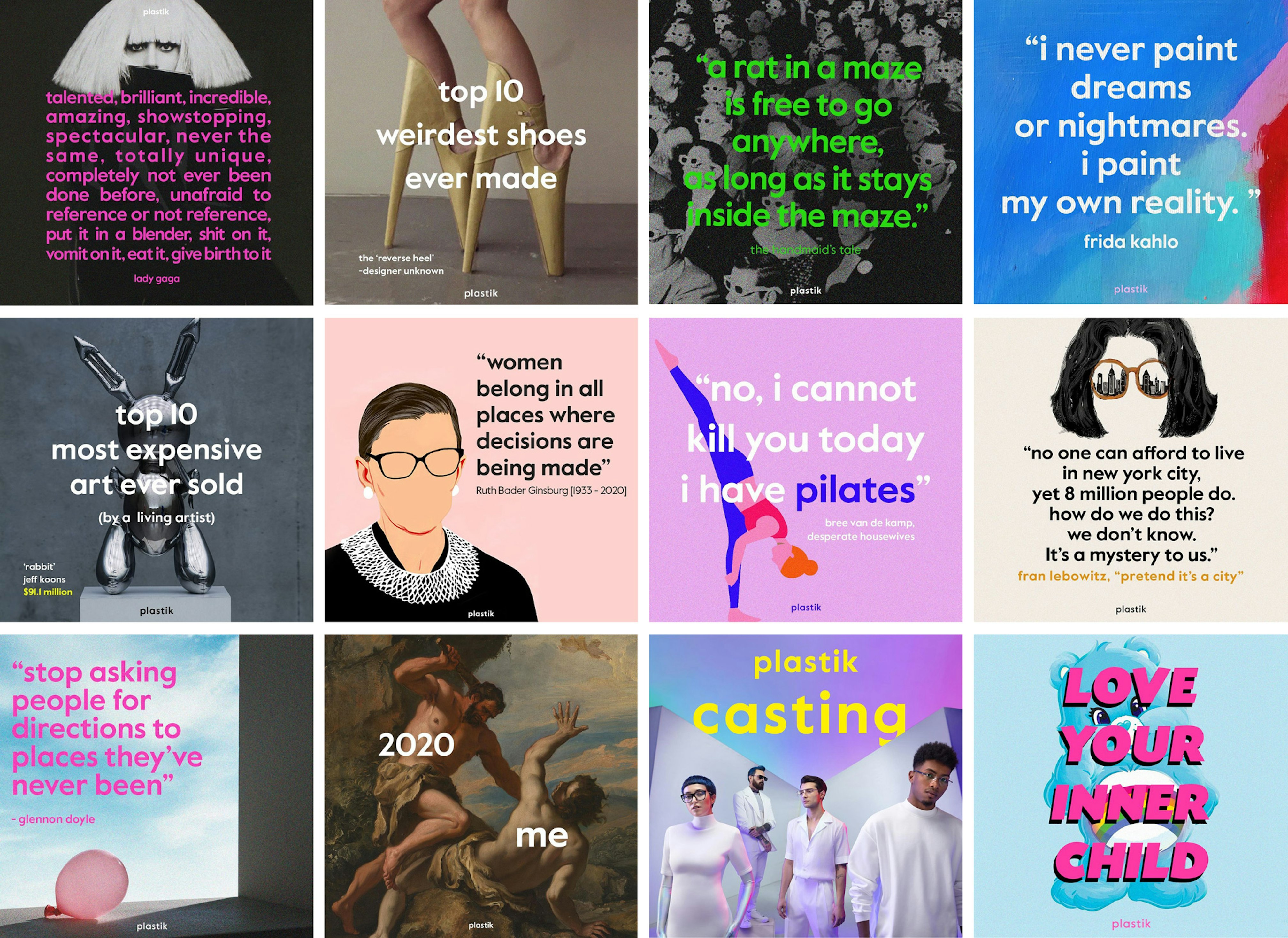 4 by 3 grid showing examples from Plastik's Instagram content. They are made from photos with meme type writing on top.