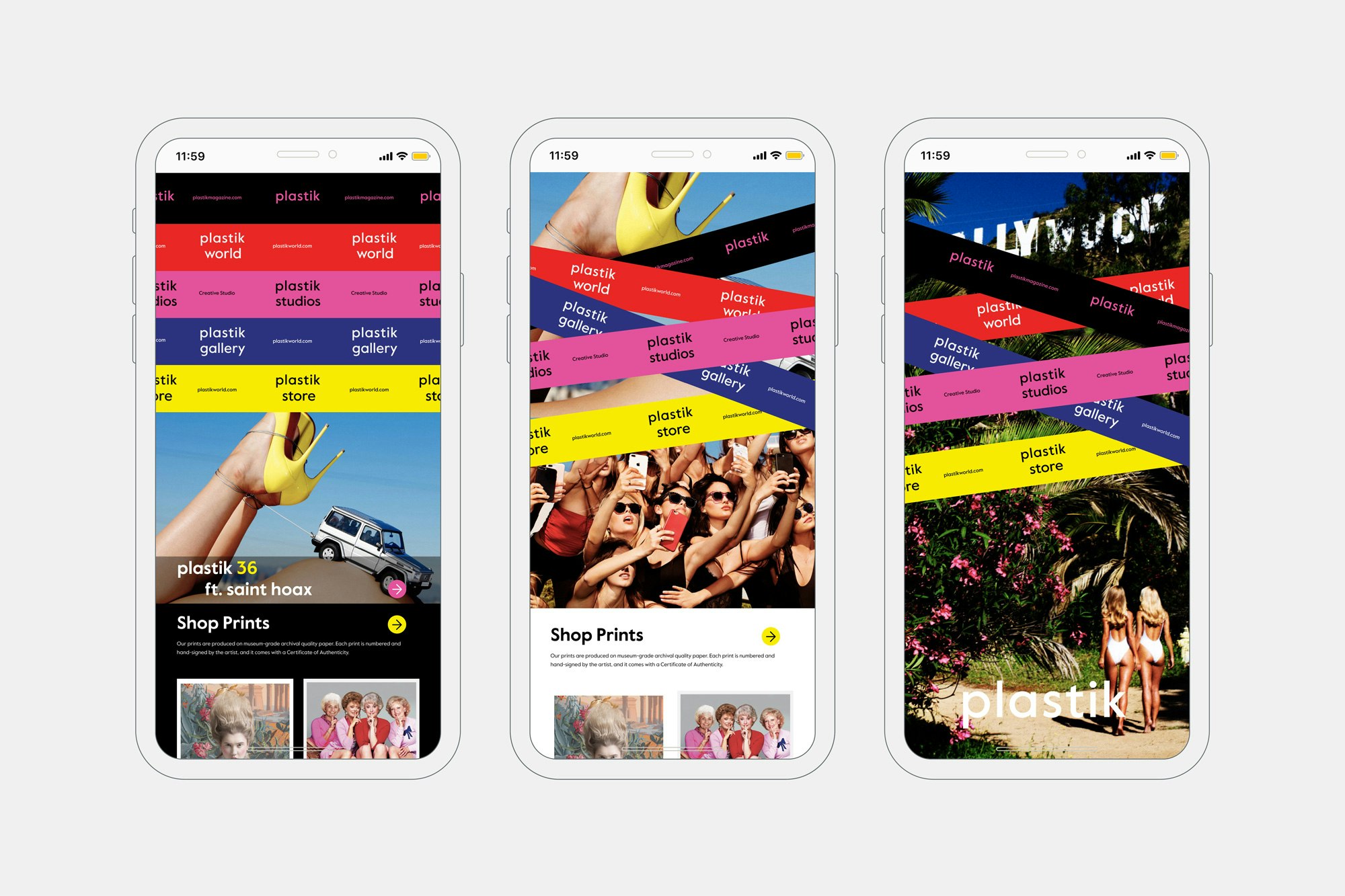Image shows three phone browsers showing the plastic website with stripes of the brand colors (black, pink, red, dark blue, and yellow) being used like stripes and like tape.