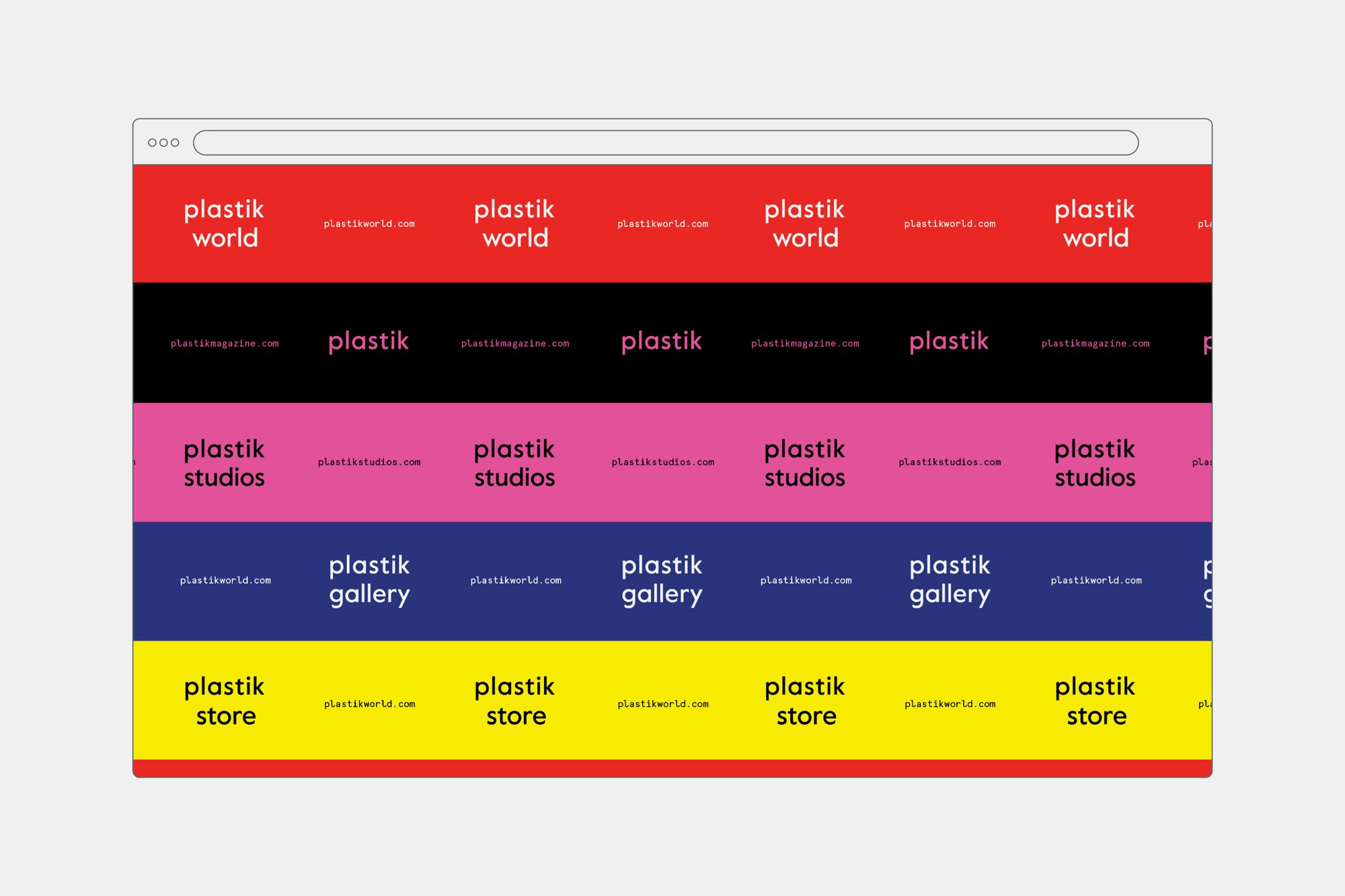 Image shows a web browser with the Plastik website on it with stripes of red, black, pink, dark blue, and yellow, with the logos of plastik world, plastik, plastik studios, plastik gallery, and plastik store on them.