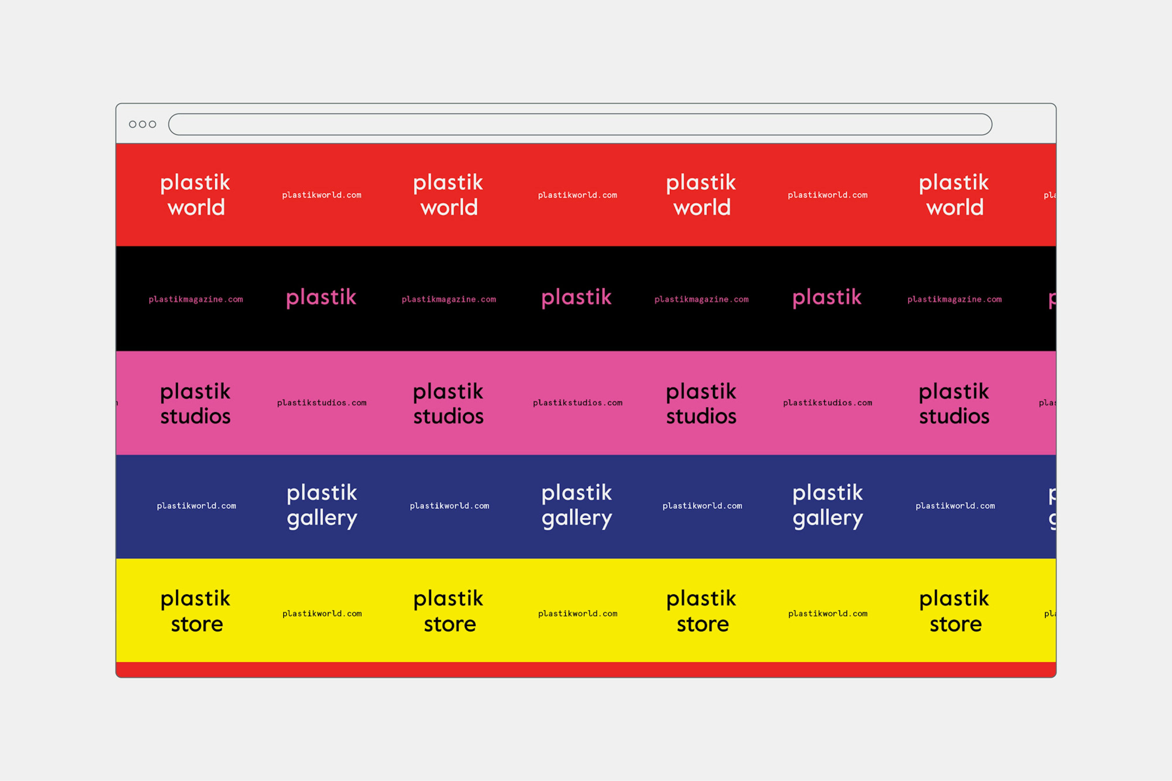 Image shows a web browser with the Plastik website on it with stripes of red, black, pink, dark blue, and yellow, with the logos of plastik world, plastik, plastik studios, plastik gallery, and plastik store on them.