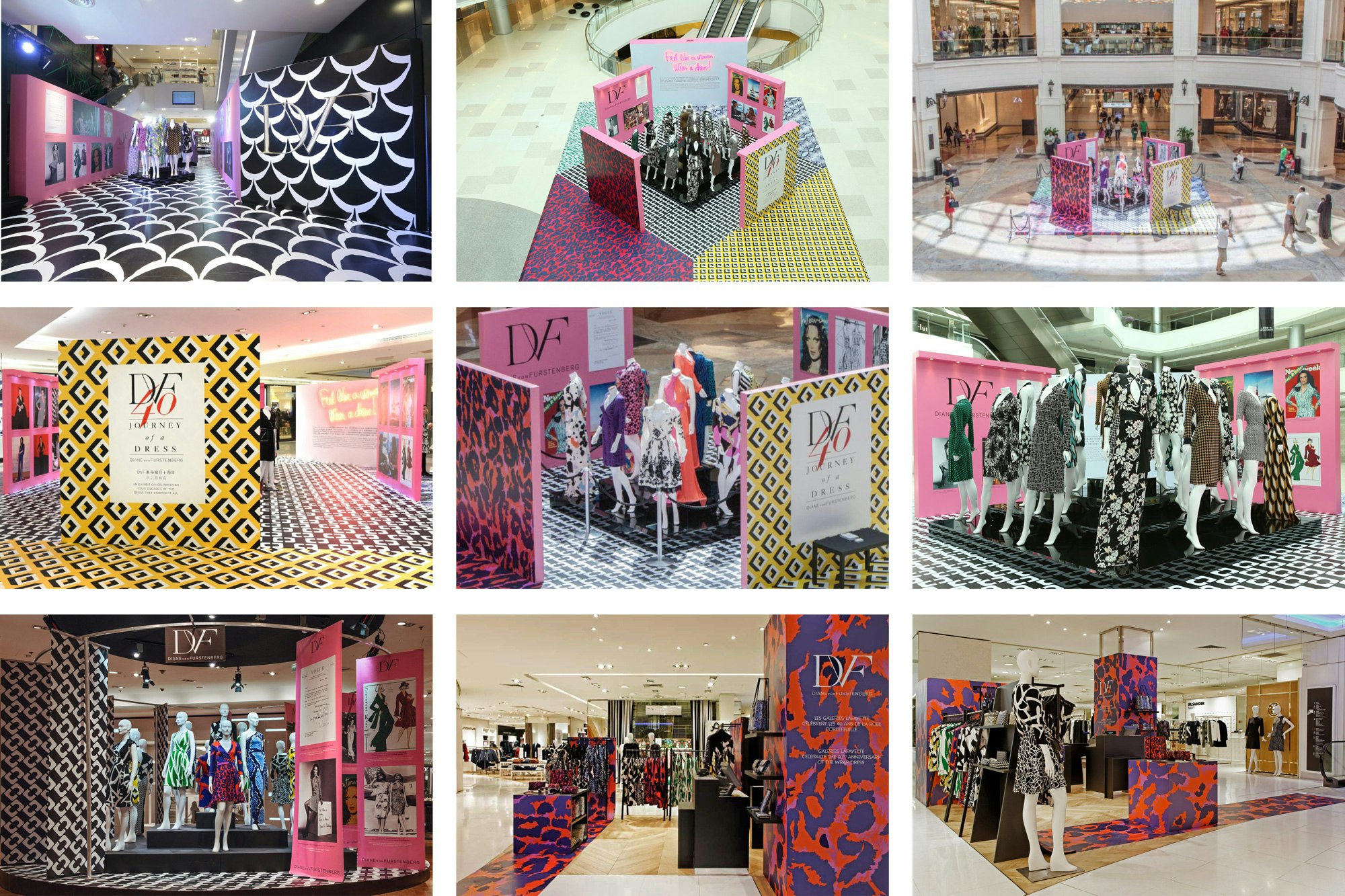 3 x 3 grid showing the DVF decorations and products inside Galleries Lafayette. The classic prints are printed in oversize and placed on floors and walls.