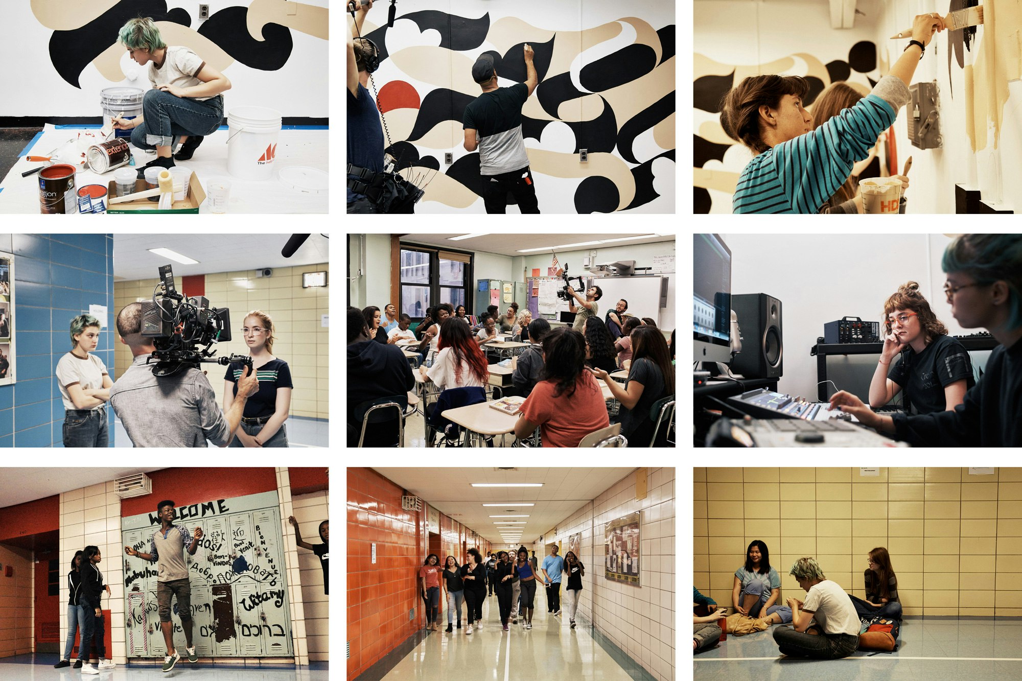 Image shows a grid of 9 images of people painting a graphic wall mural, working on computers, and hanging out in a school hallway.