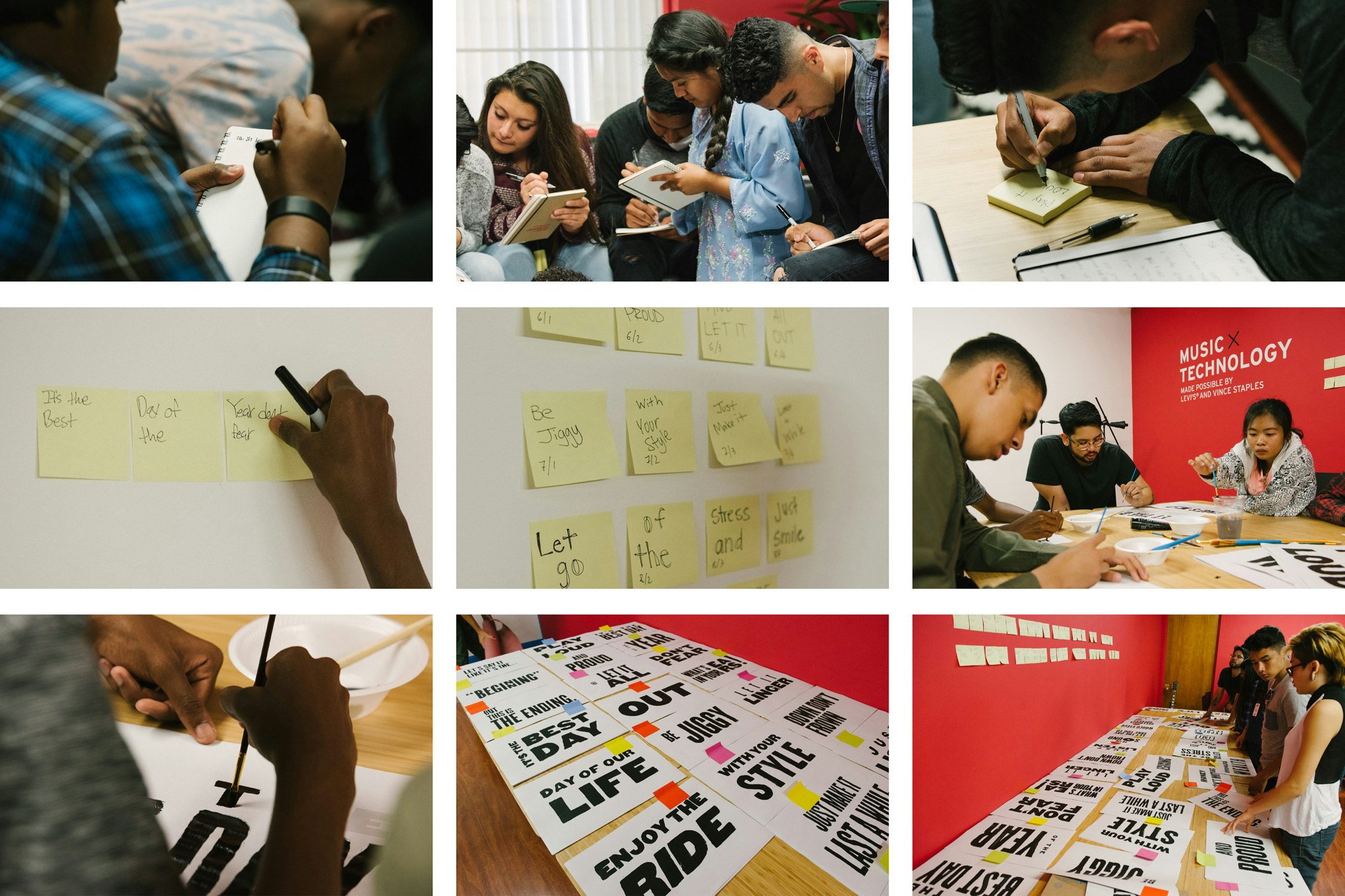 Image shows a grid of 9 images of children writing things and sticking post-it notes to the wall.