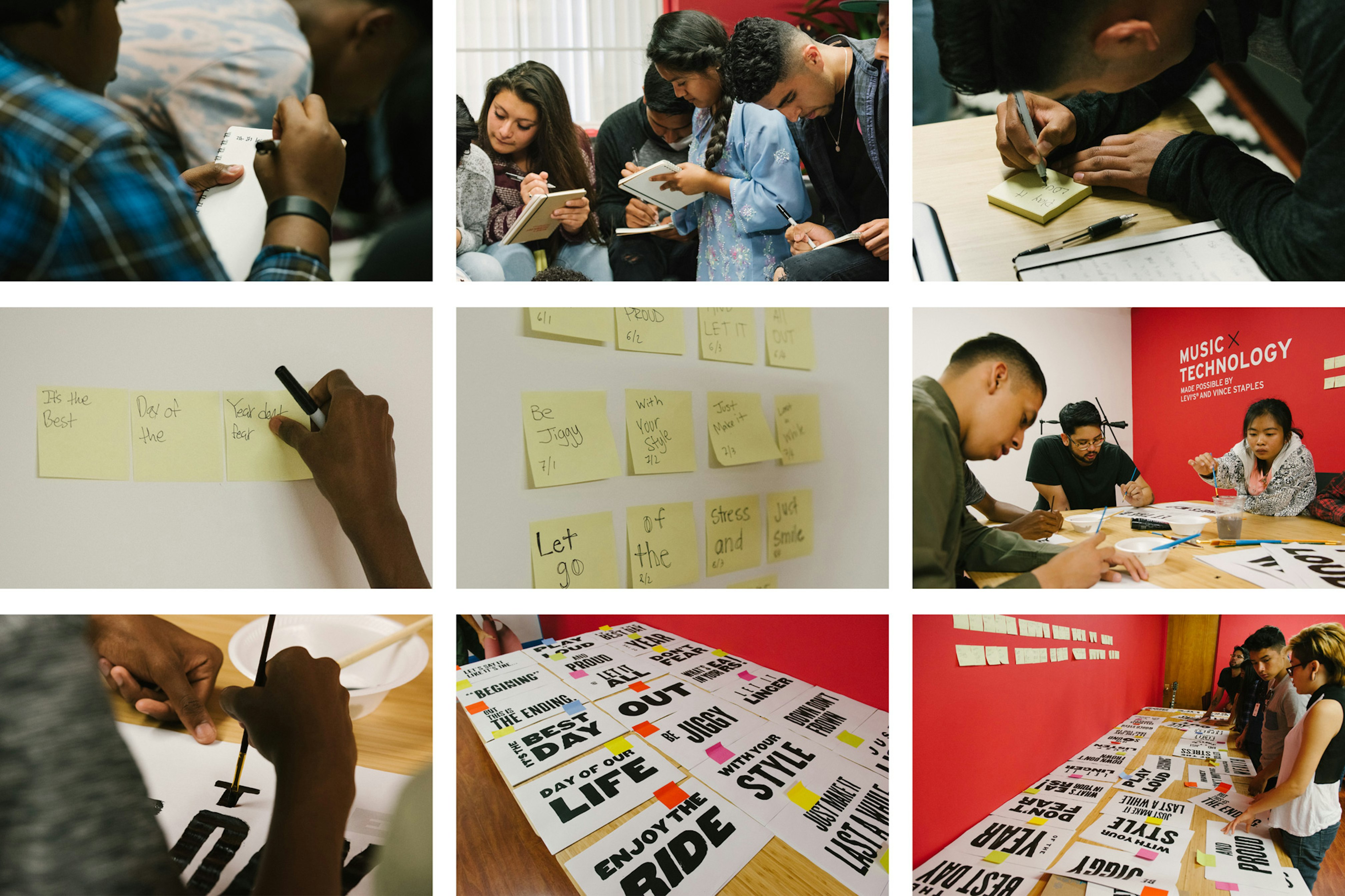 Image shows a grid of 9 images of children writing things and sticking post-it notes to the wall.