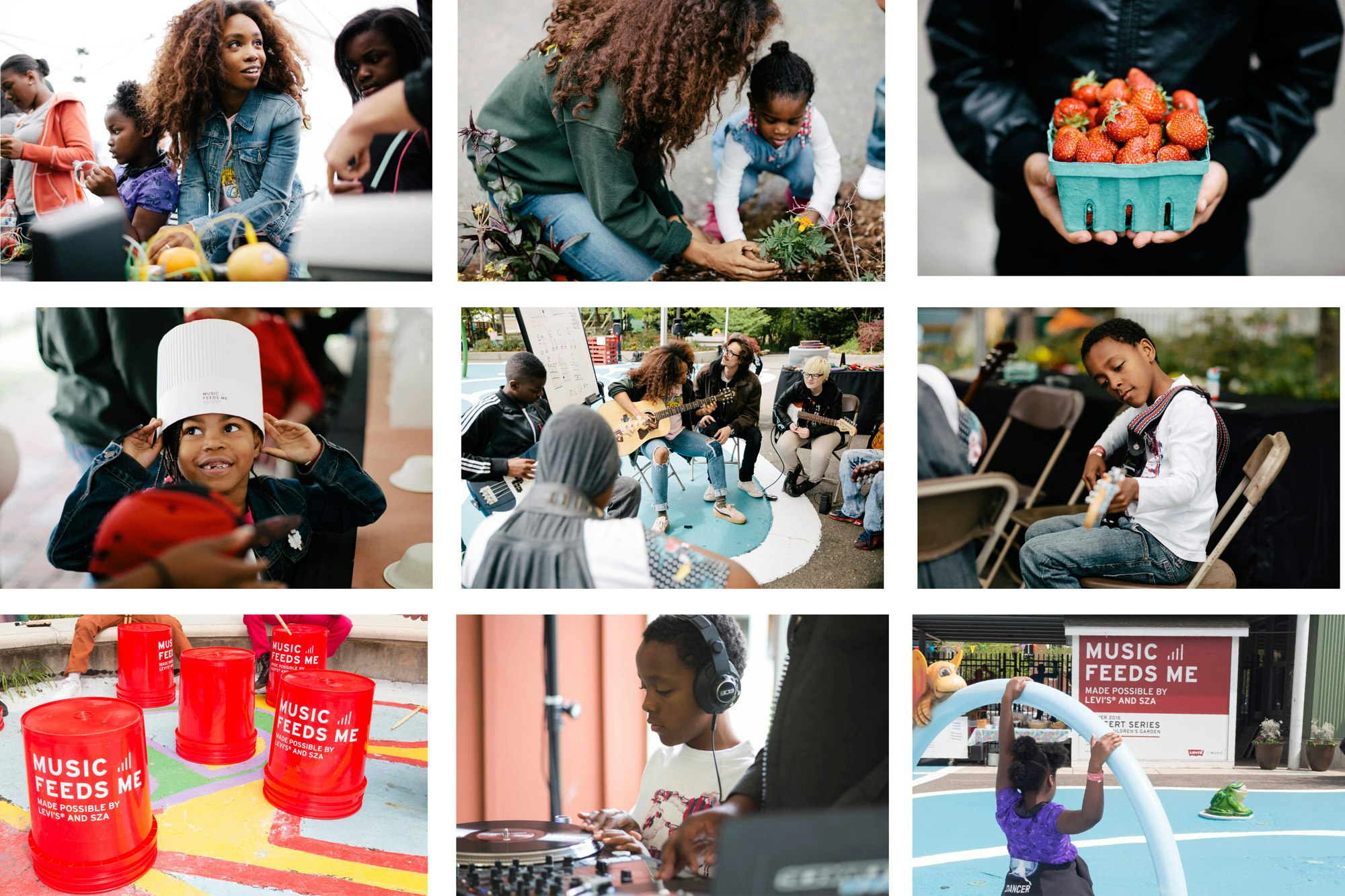 Image shows a grid of 9 images of children playing music, planting plants, and interacting with SZA.